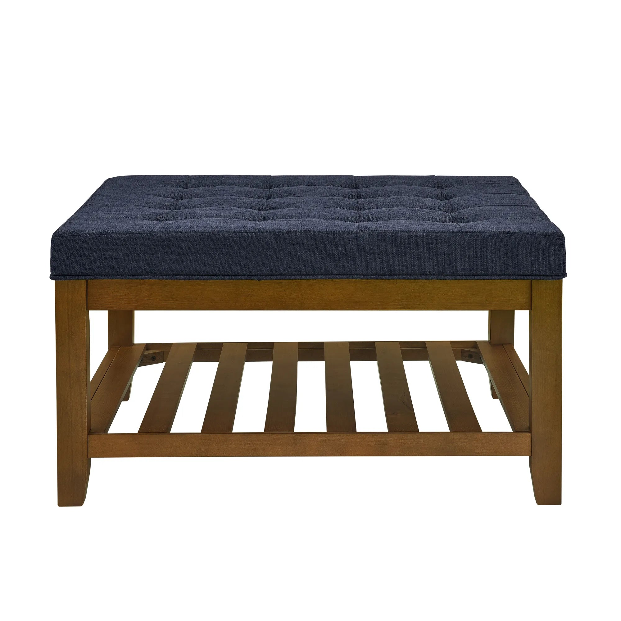 Tufted Linen Upholstered Square Coffee Table with Beech Wood Storage Shelf