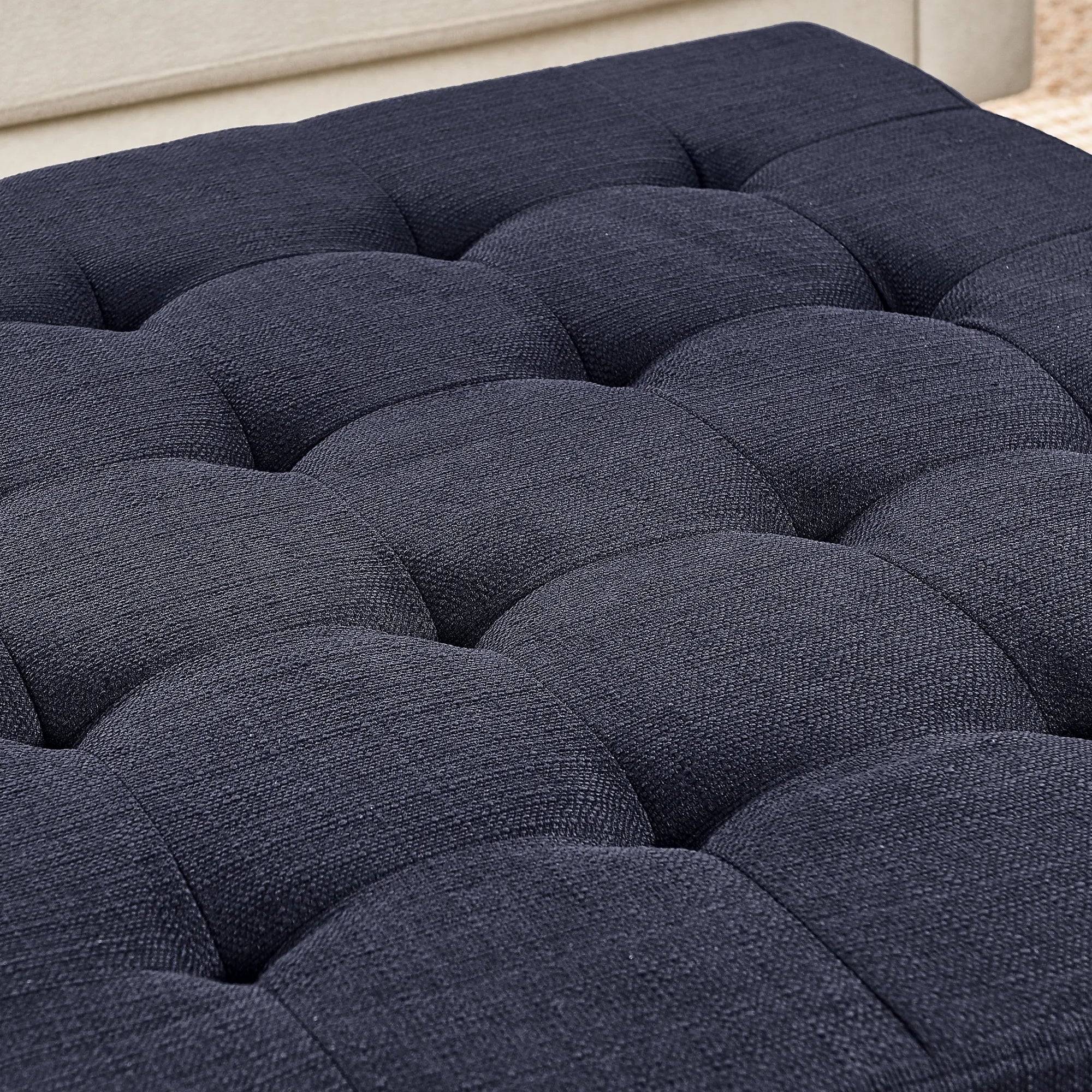 Tufted Linen Upholstered Square Coffee Table with Beech Wood Storage Shelf