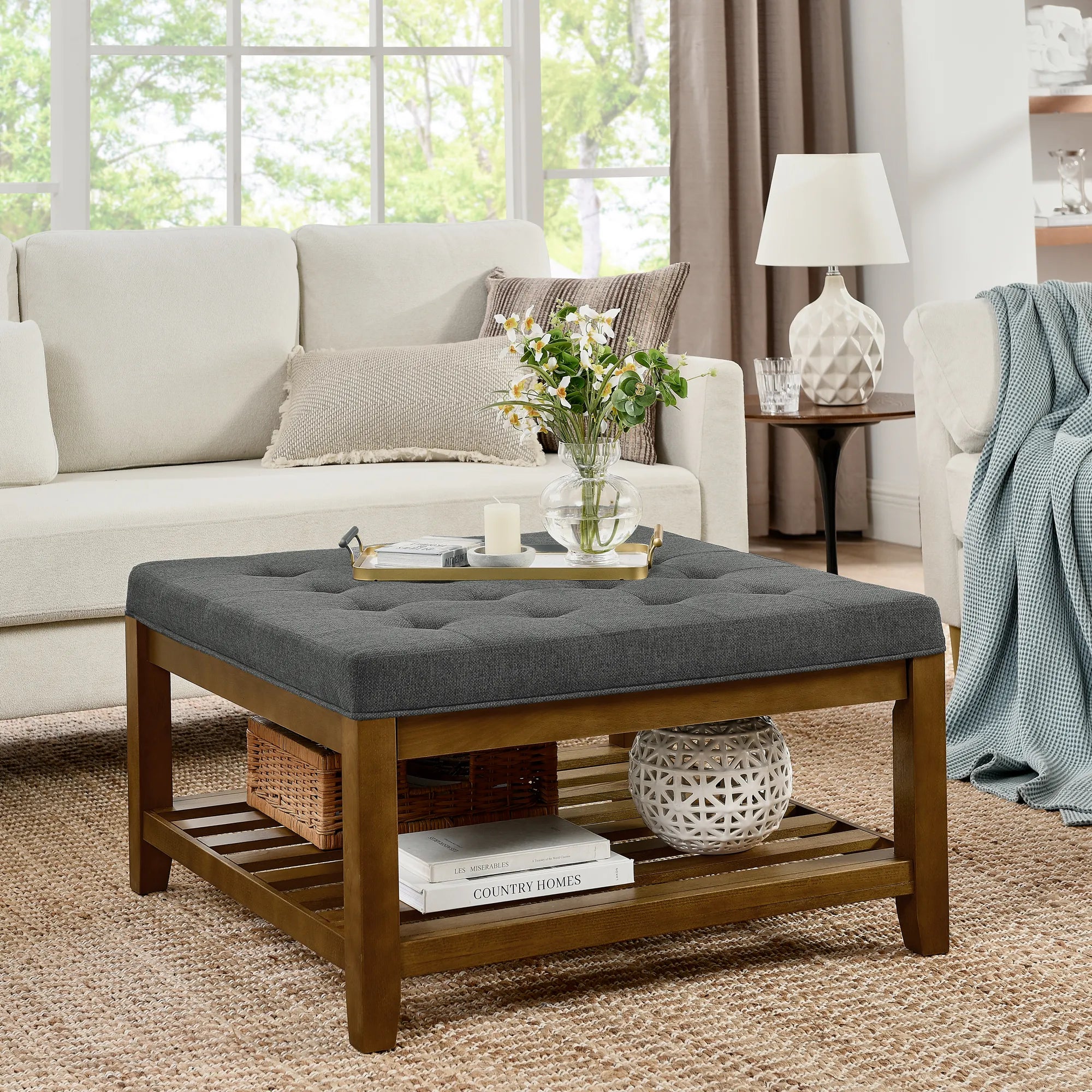 Tufted Linen Upholstered Square Coffee Table with Beech Wood Storage Shelf