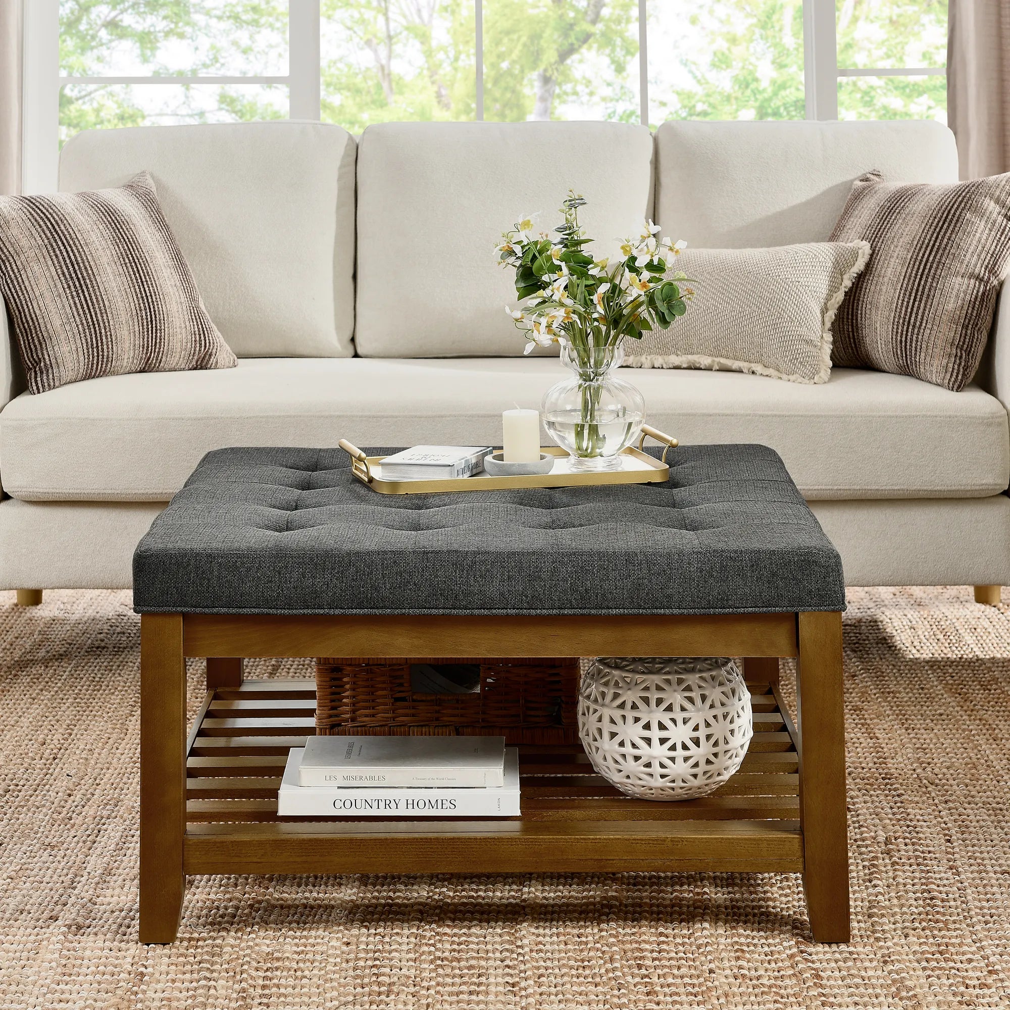 Tufted Linen Upholstered Square Coffee Table with Beech Wood Storage Shelf