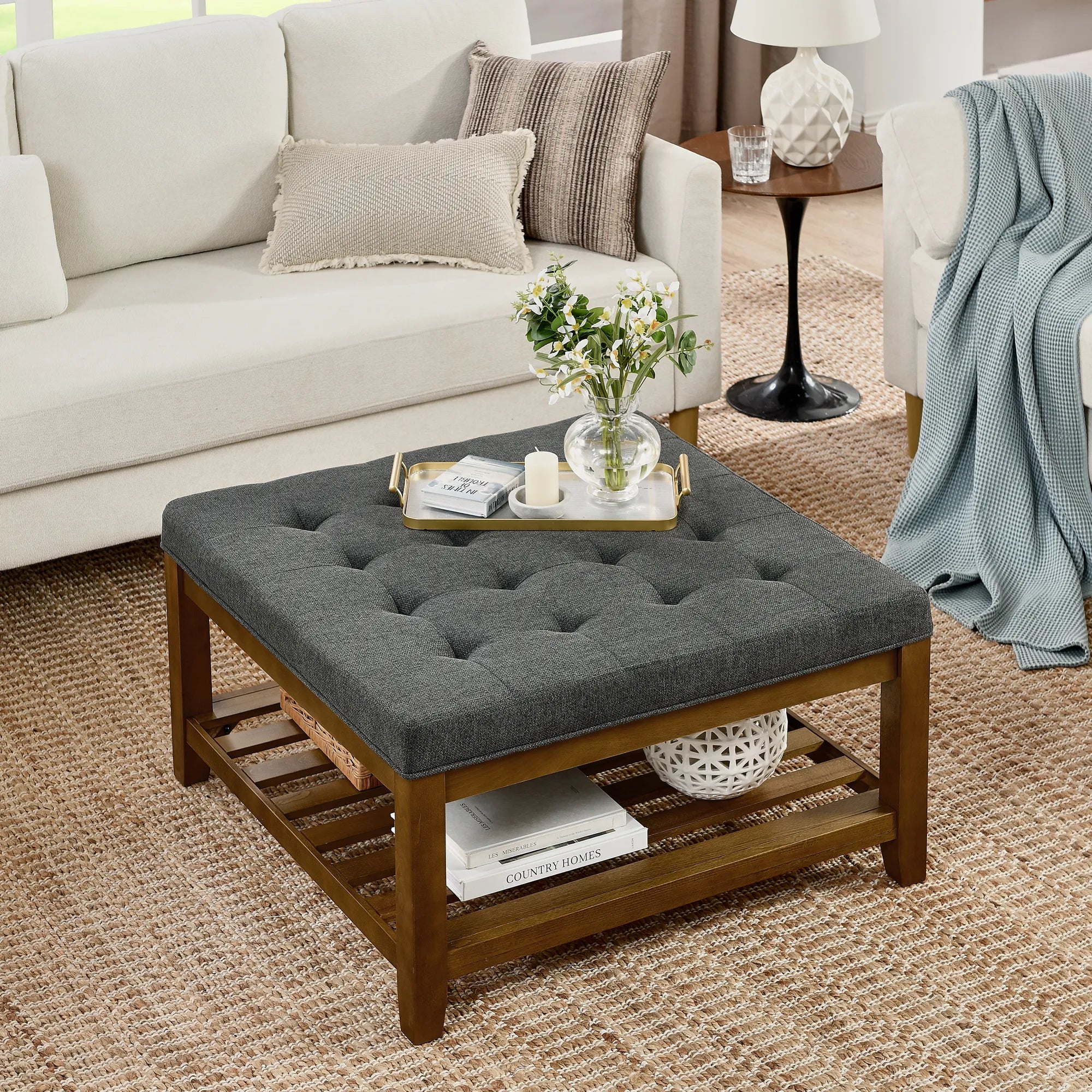 Tufted Linen Upholstered Square Coffee Table with Beech Wood Storage Shelf