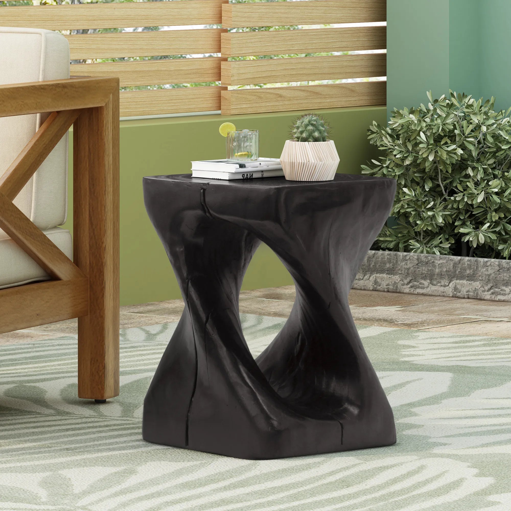 Twist Shape Faux Wood End Table with Natural Grain Texture