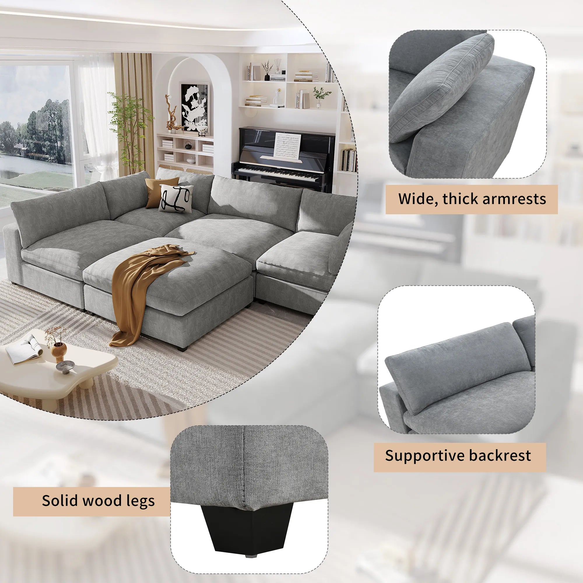 Ultra Comfort Oversize Modular Sofa with Removable Ottoman