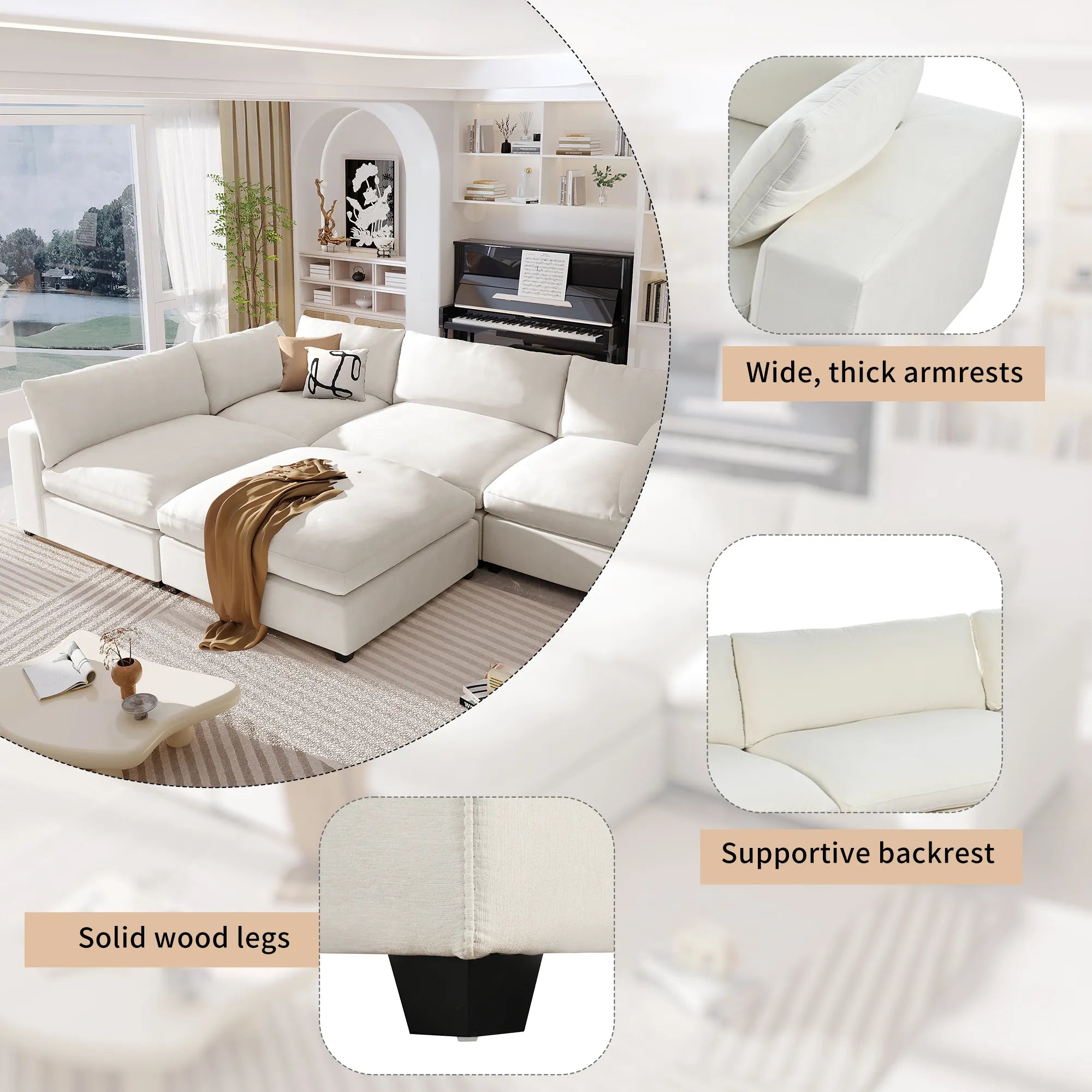 Ultra Comfort Oversize Modular Sofa with Removable Ottoman