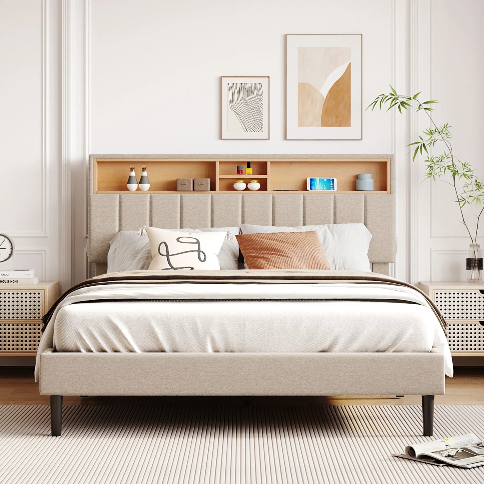 Upholstered Platform Bed Frame with Storage Headboard and USB Port