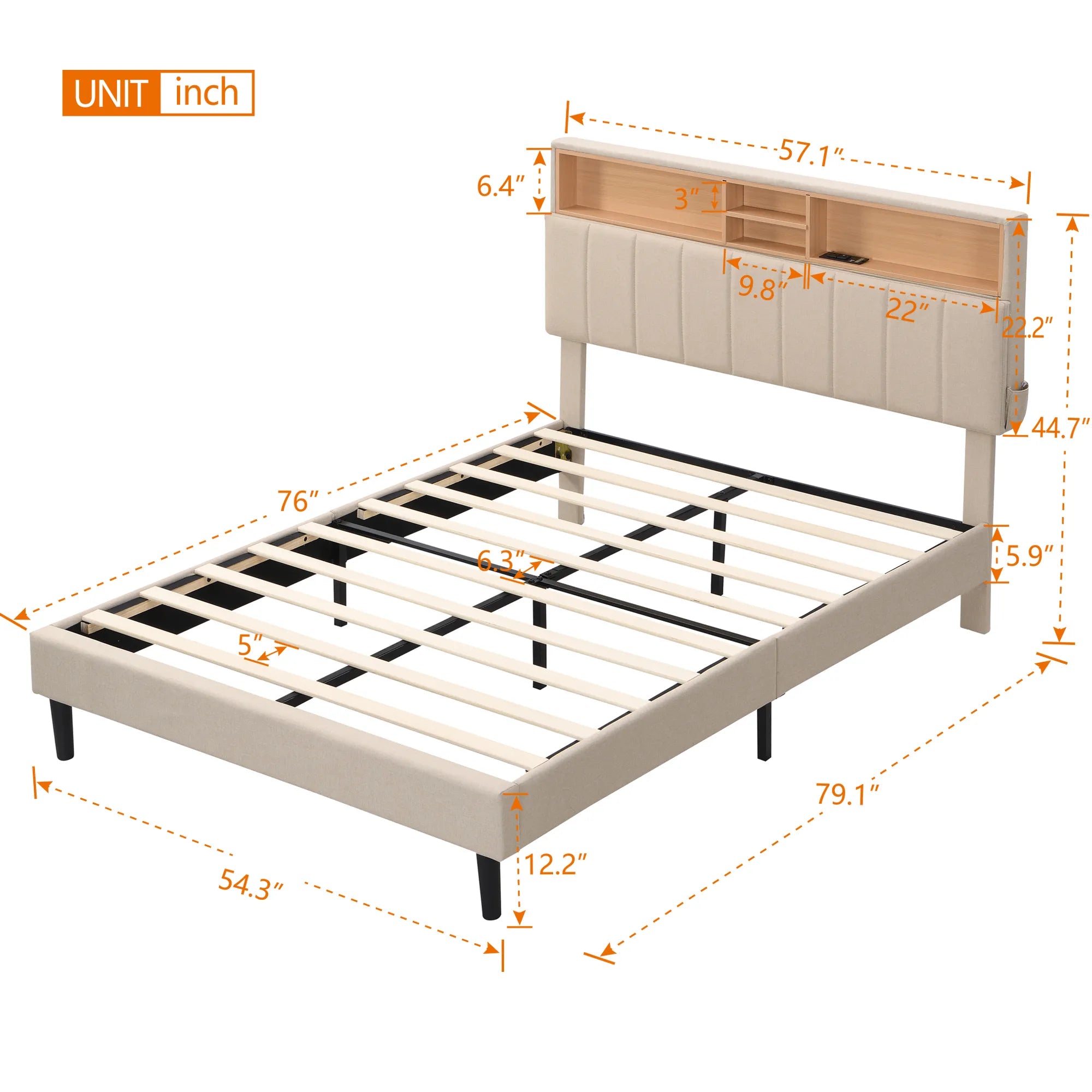 Upholstered Platform Bed Frame with Storage Headboard and USB Port