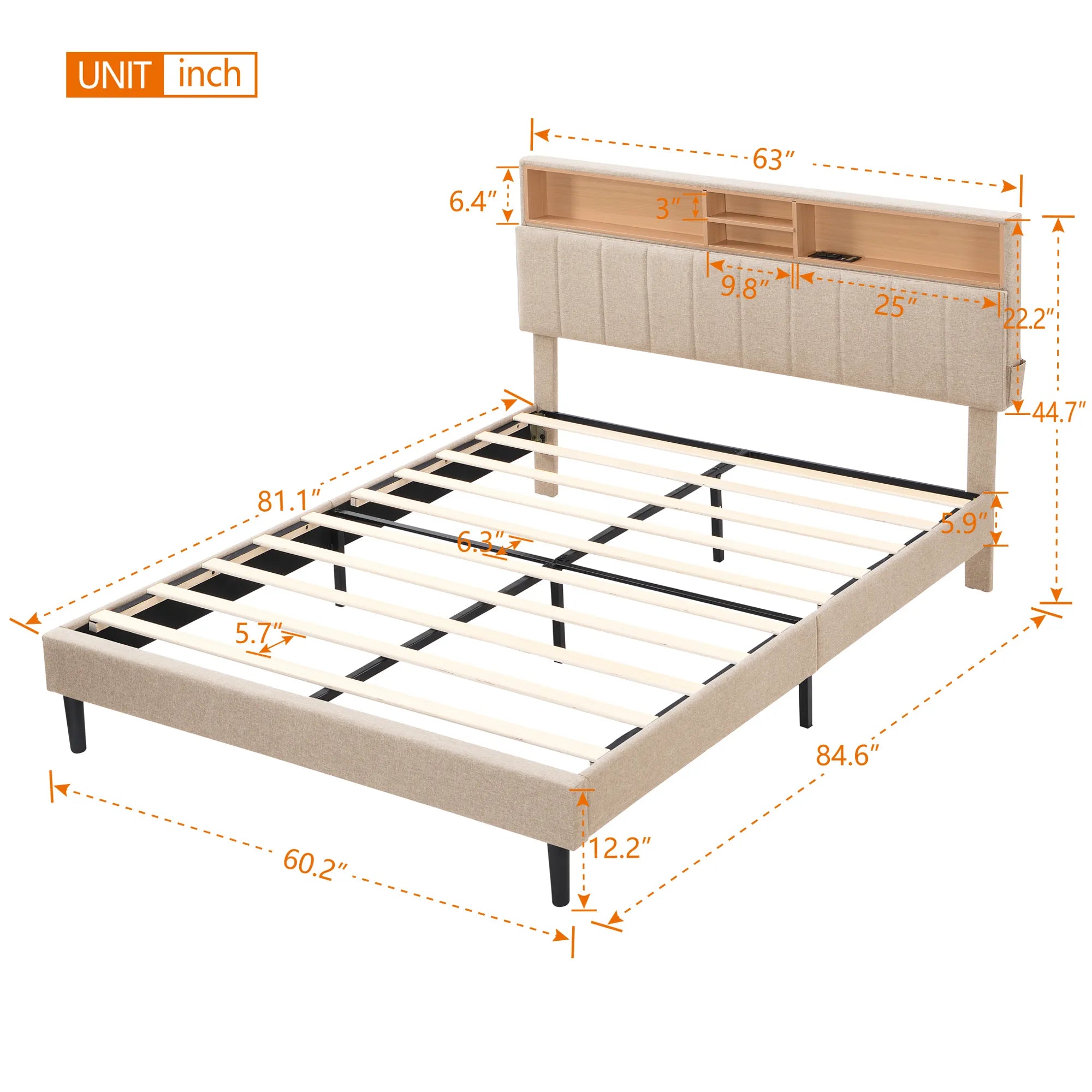 Upholstered Platform Bed Frame with Storage Headboard and USB Port