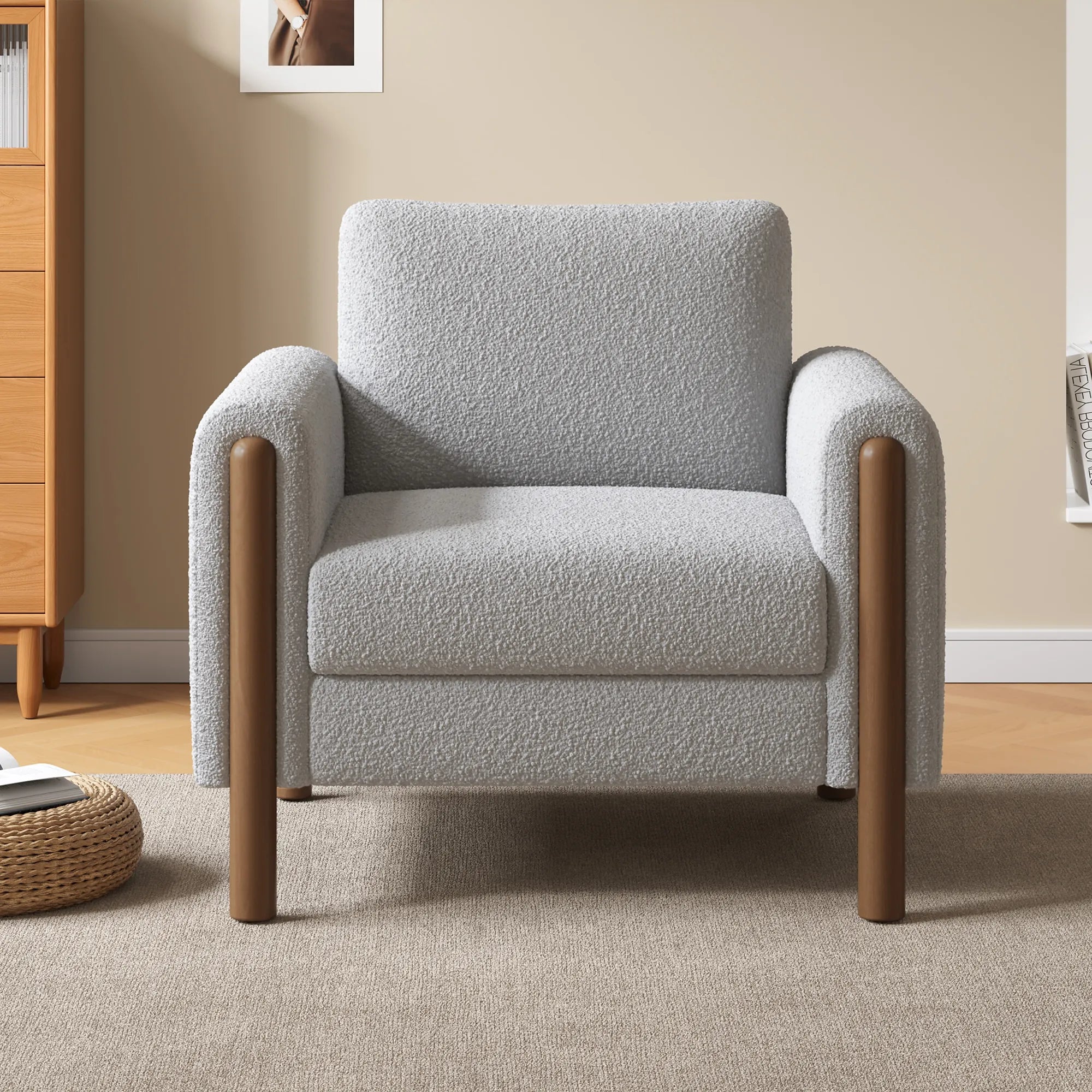 Upholstered Accent Chair with Curved Handrail & Walnut Legs