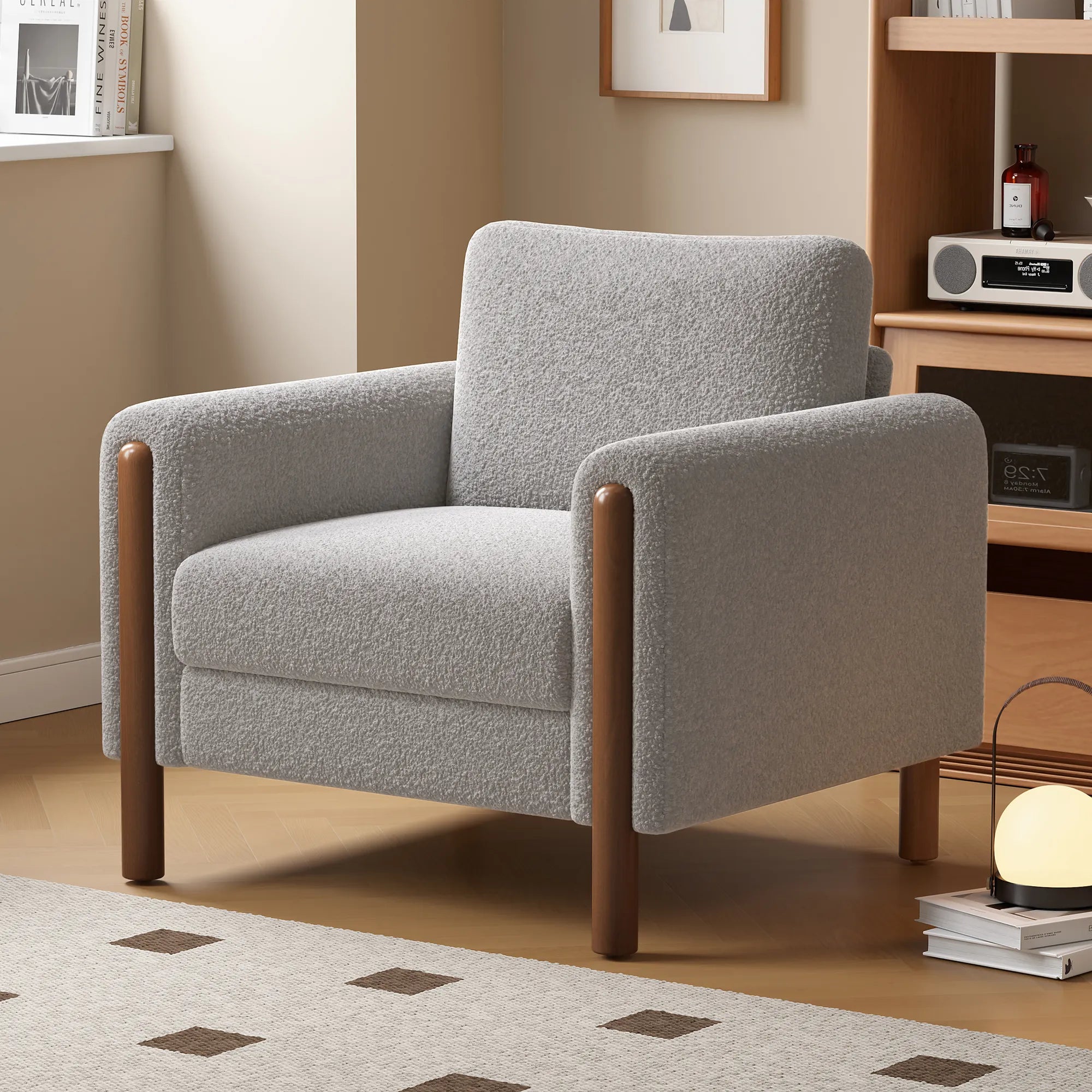 Upholstered Accent Chair with Curved Handrail & Walnut Legs