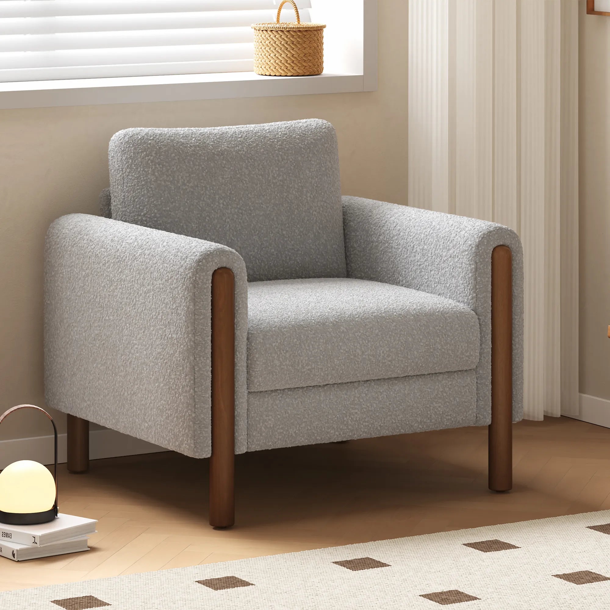 Upholstered Accent Chair with Curved Handrail & Walnut Legs