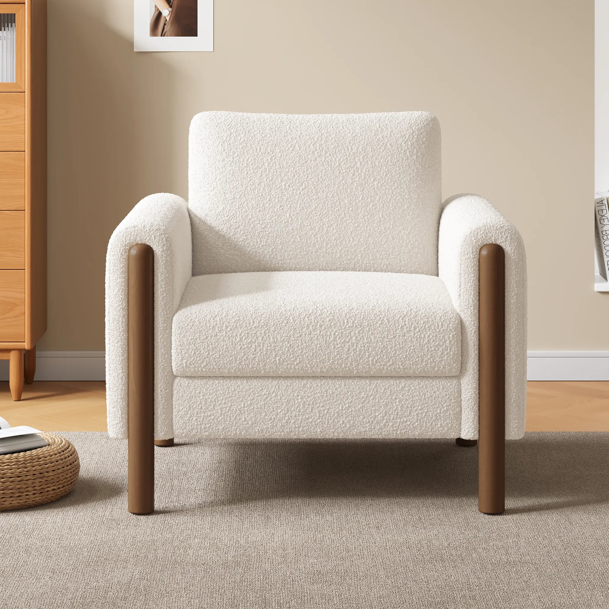 Upholstered Accent Chair with Curved Handrail & Walnut Legs