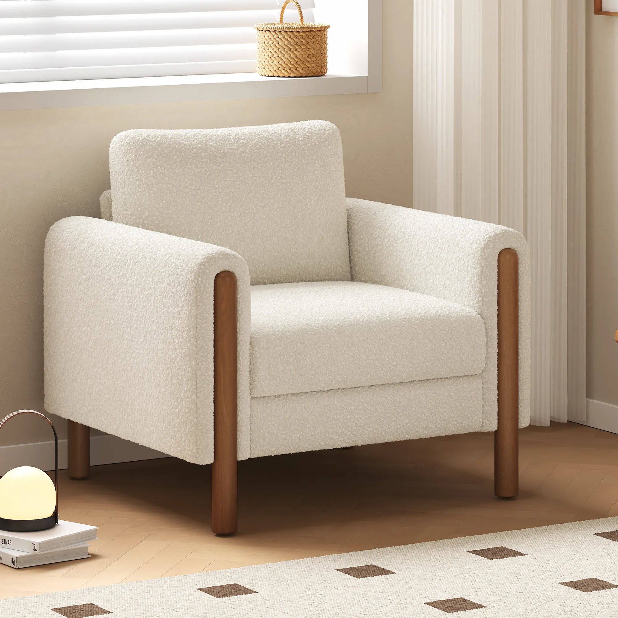 Upholstered Accent Chair with Curved Handrail & Walnut Legs