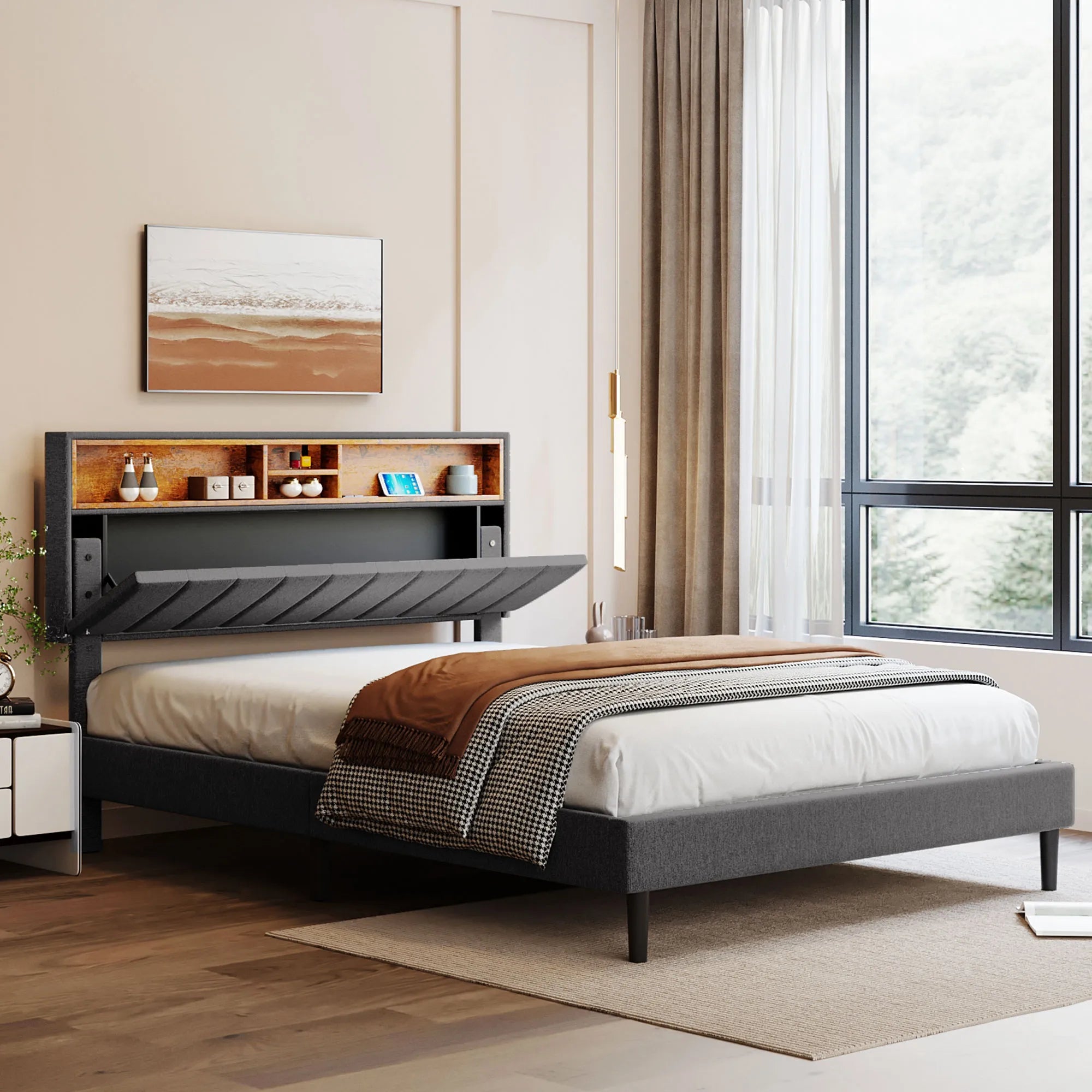 Upholstered Platform Bed Frame with Storage Headboard and USB Port