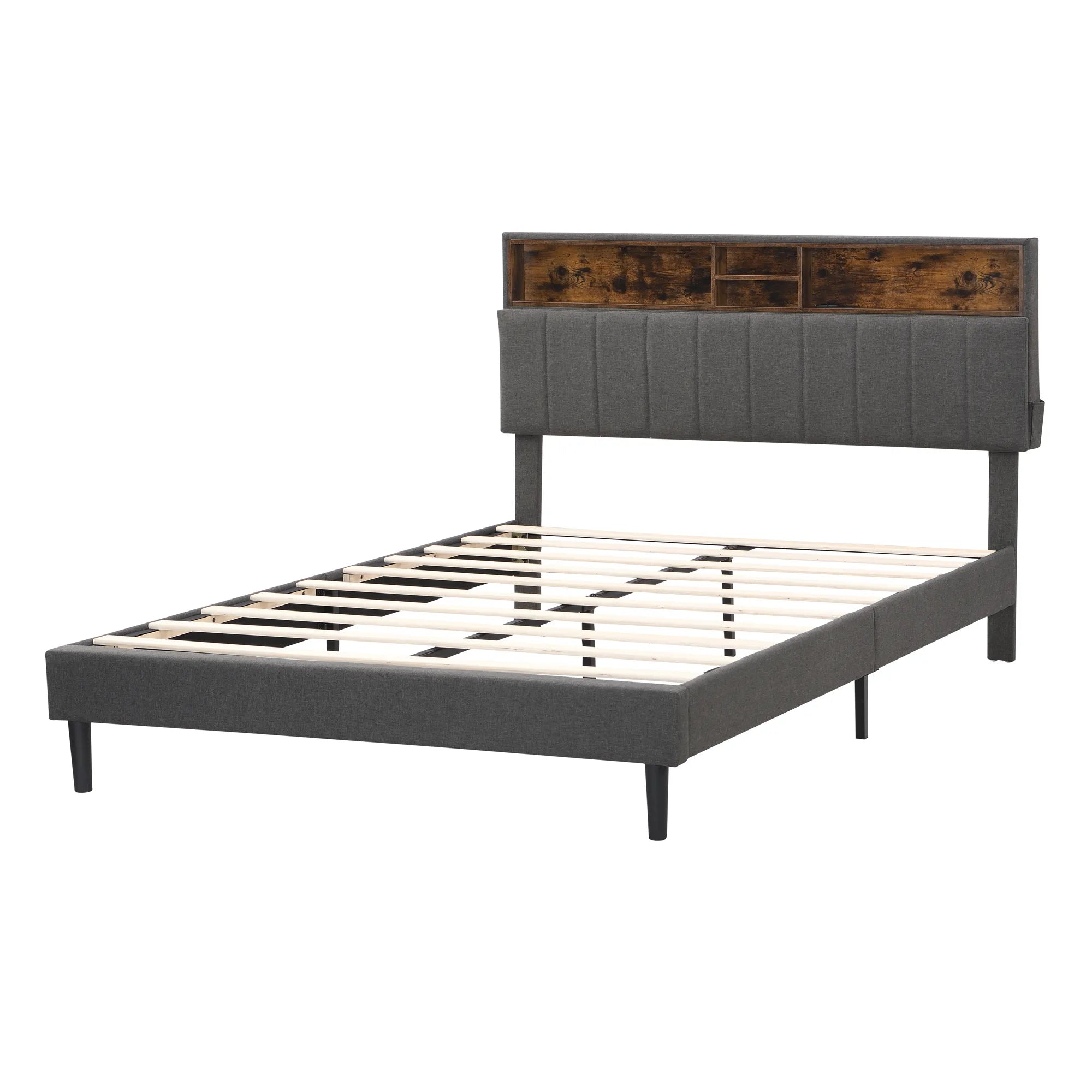 Upholstered Platform Bed Frame with Storage Headboard and USB Port