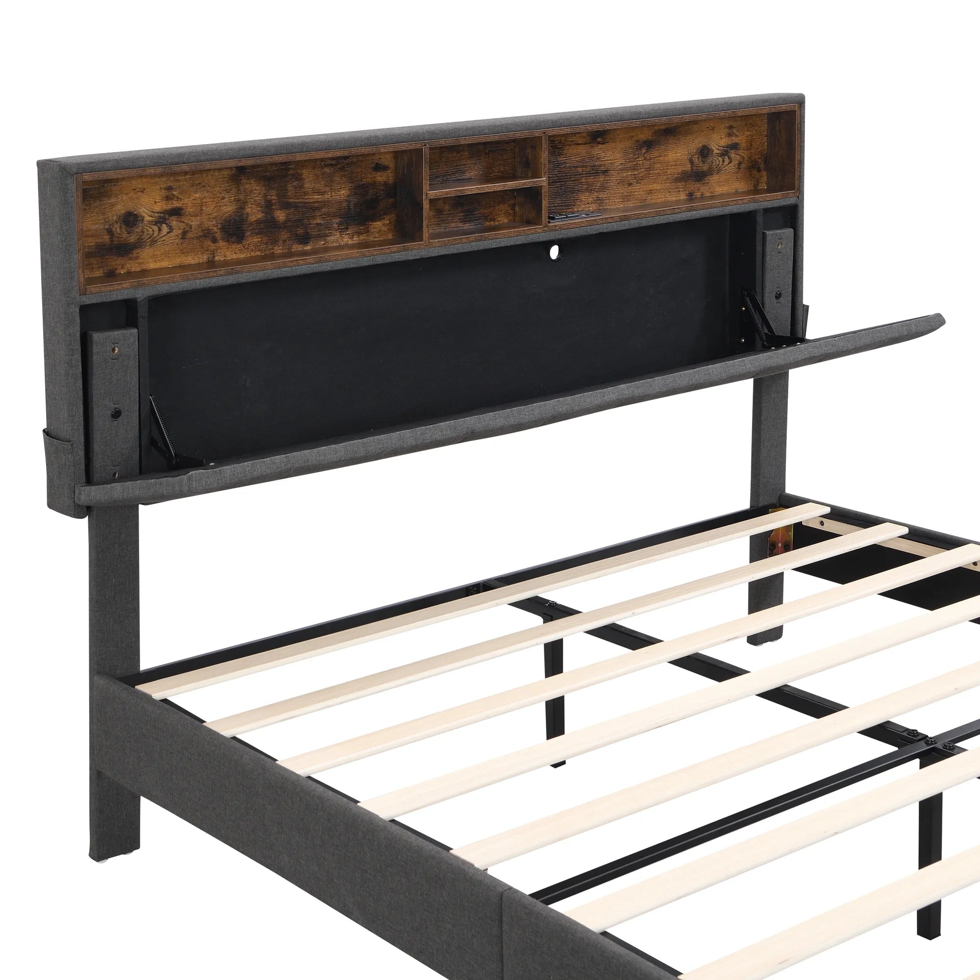 Upholstered Platform Bed Frame with Storage Headboard and USB Port