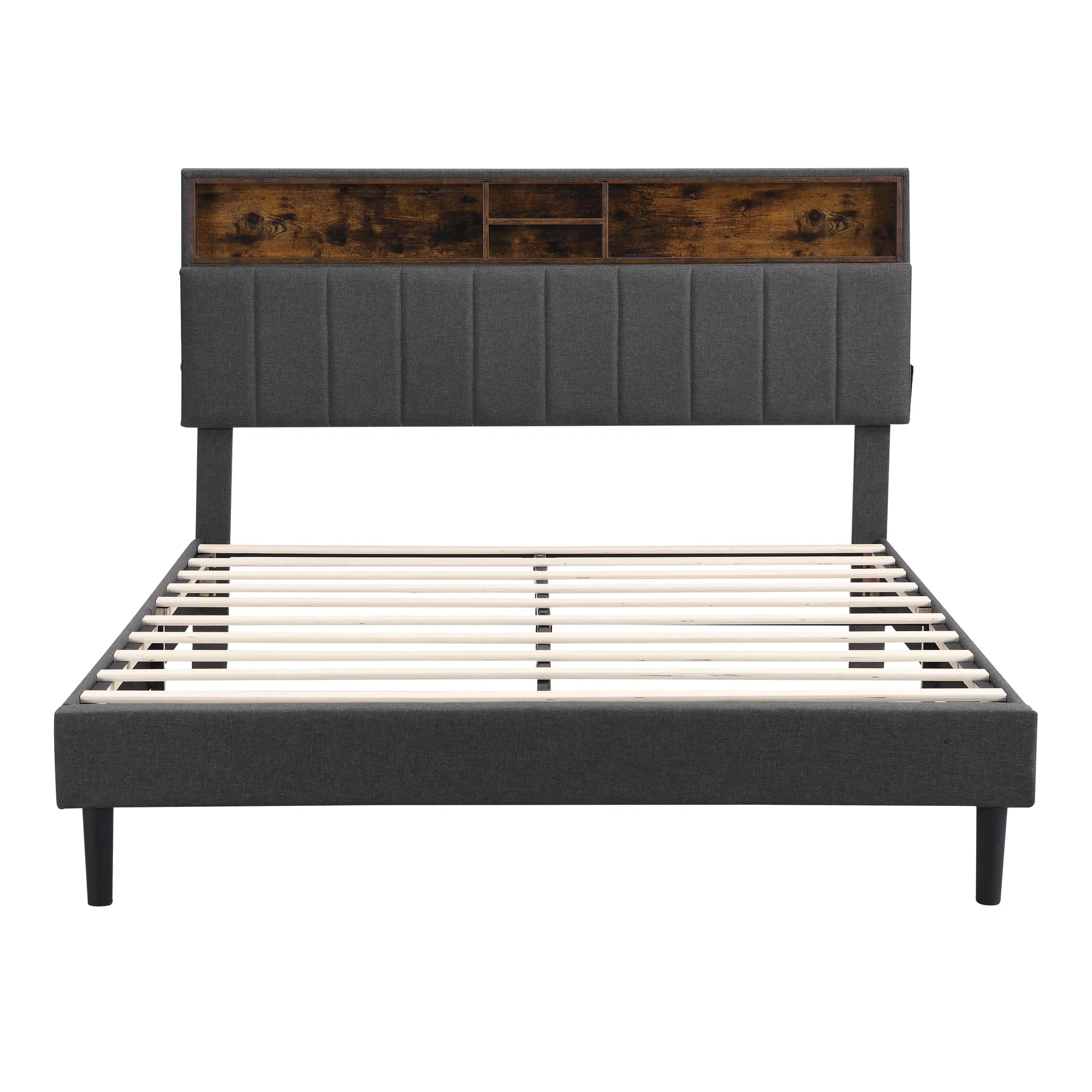 Upholstered Platform Bed Frame with Storage Headboard and USB Port