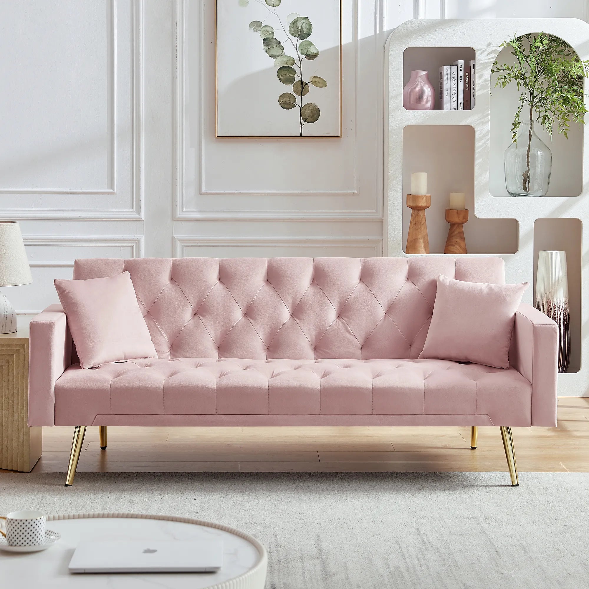 Velvet Cream Futon Convertible Folding Sleeper Sofa Bed