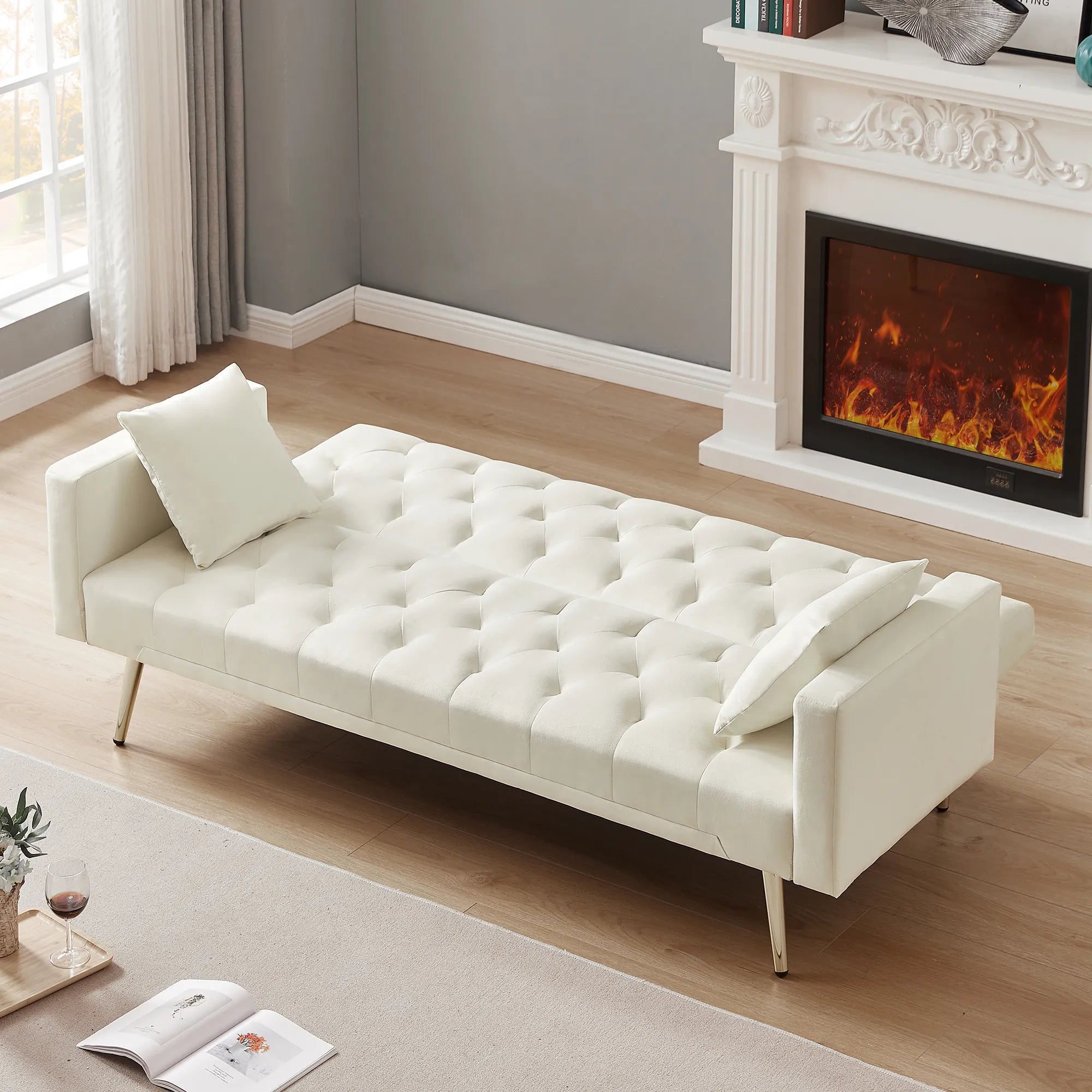 Velvet Cream Futon Convertible Folding Sleeper Sofa Bed
