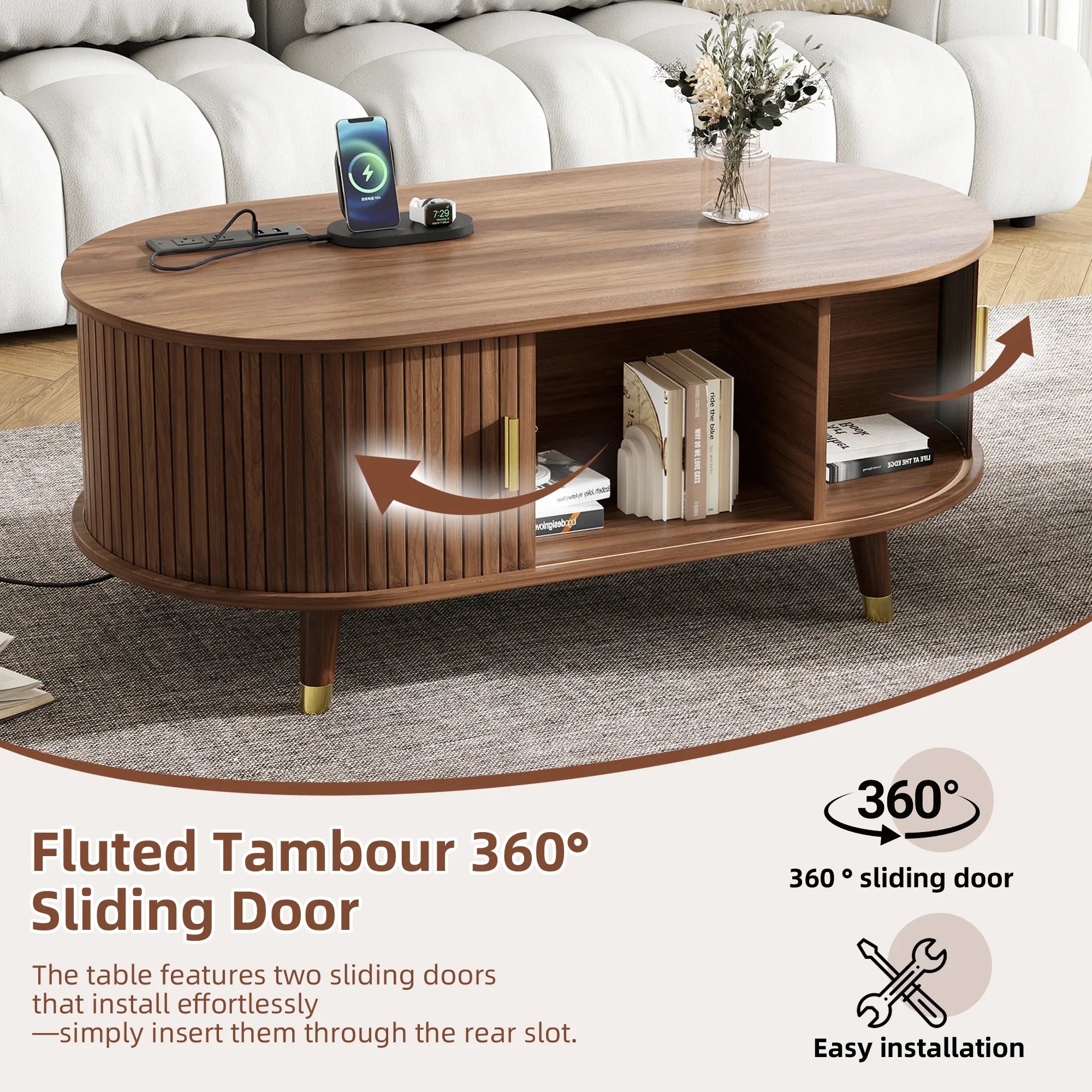 Wooden Oval Coffee Table with Tambour Door