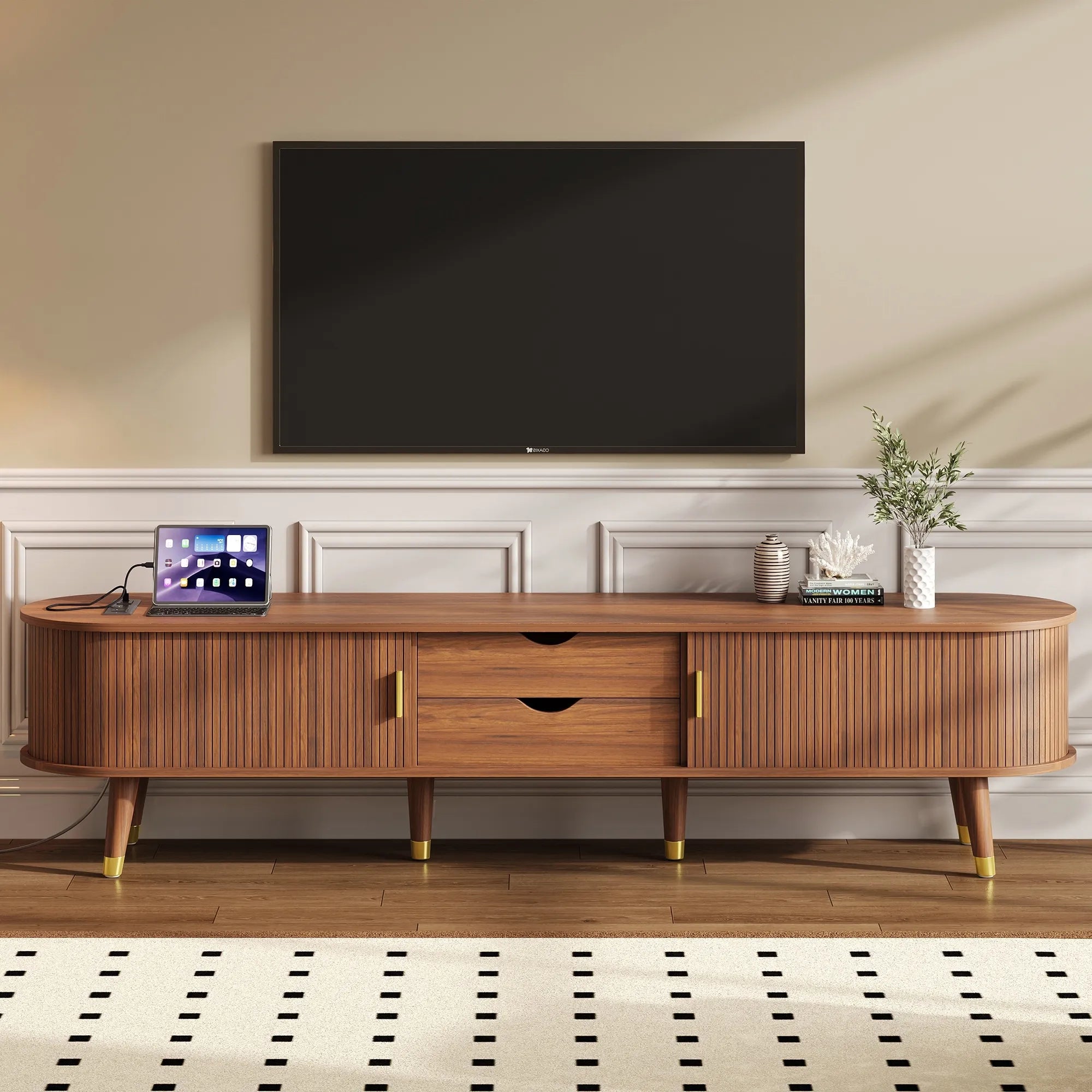 Wooden Oval TV Stand with Tambour Doors