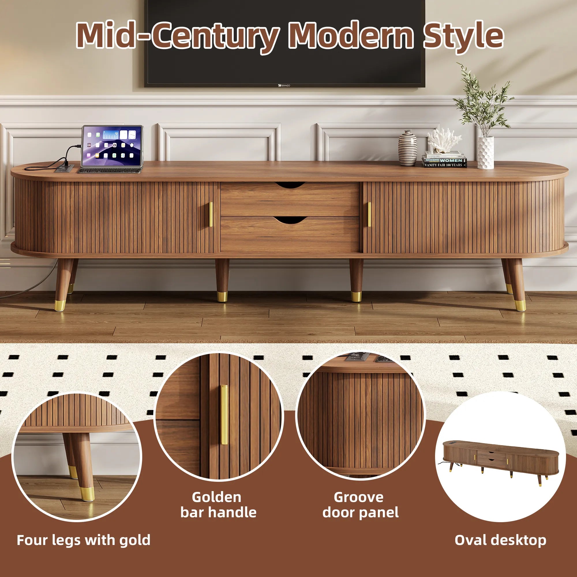 Wooden Oval TV Stand with Tambour Doors