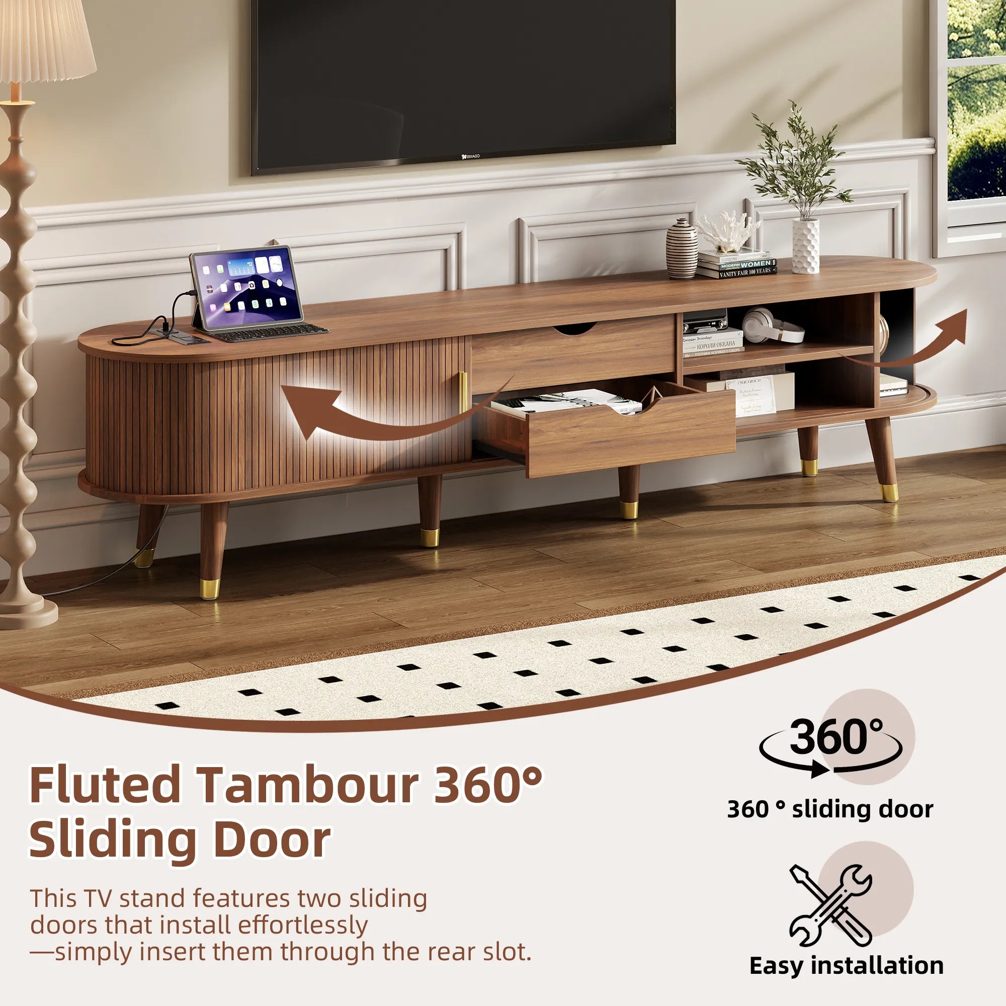 Wooden Oval TV Stand with Tambour Doors