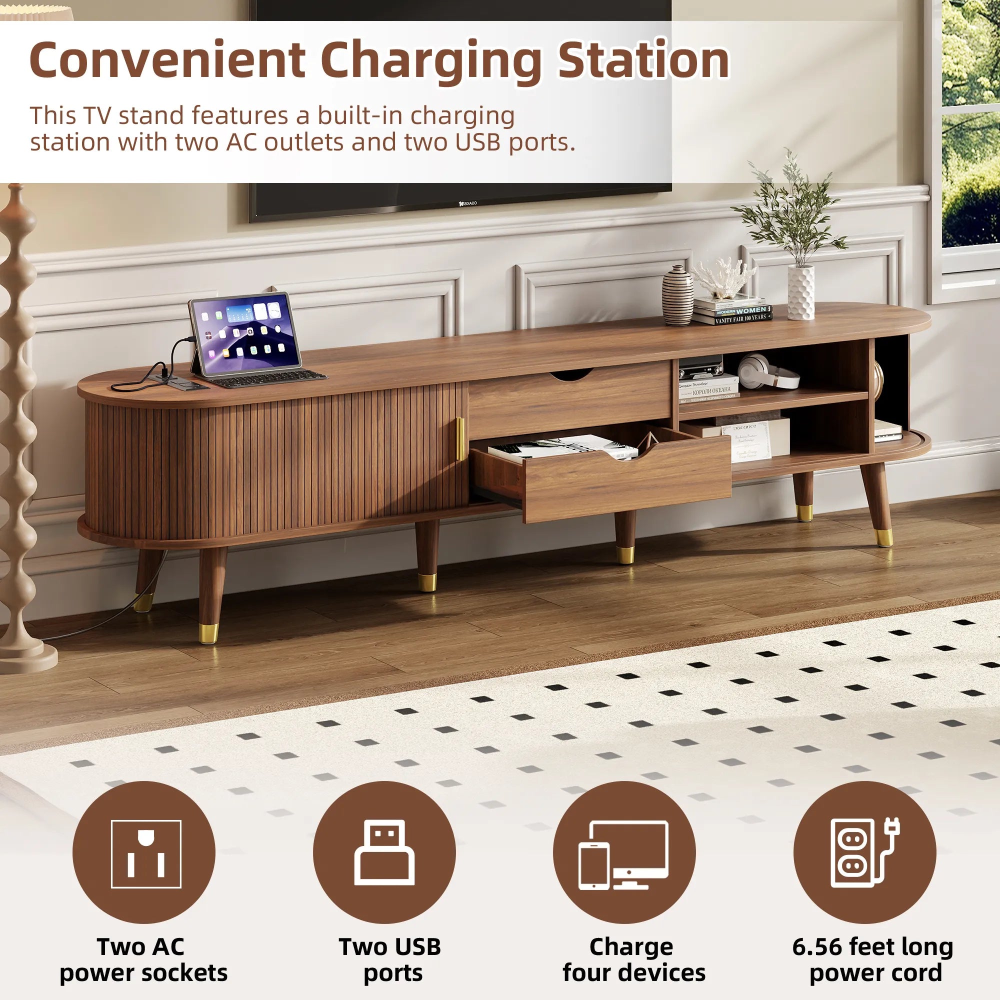 Wooden Oval TV Stand with Tambour Doors