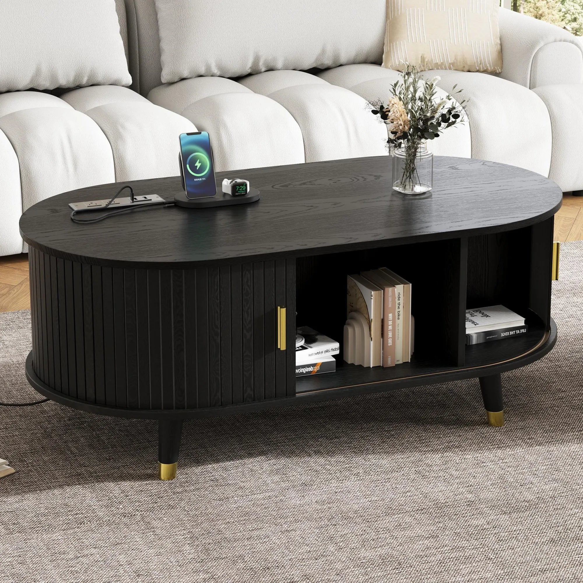 Wooden Oval Coffee Table with Tambour Door