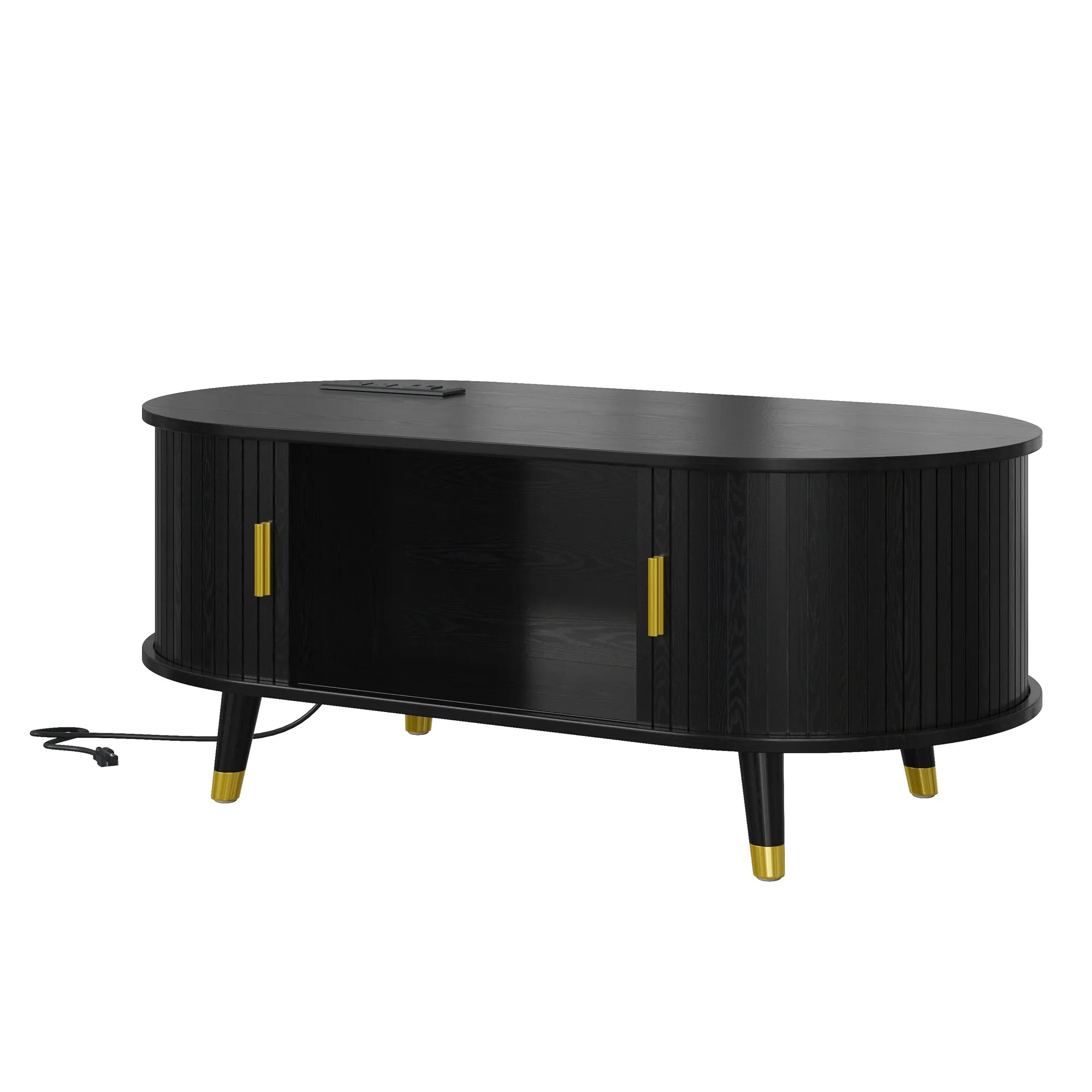 Wooden Oval Coffee Table with Tambour Door