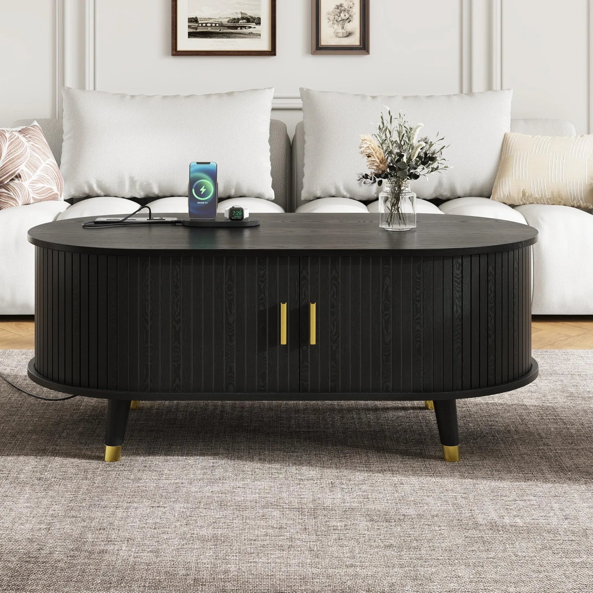 Wooden Oval Coffee Table with Tambour Door