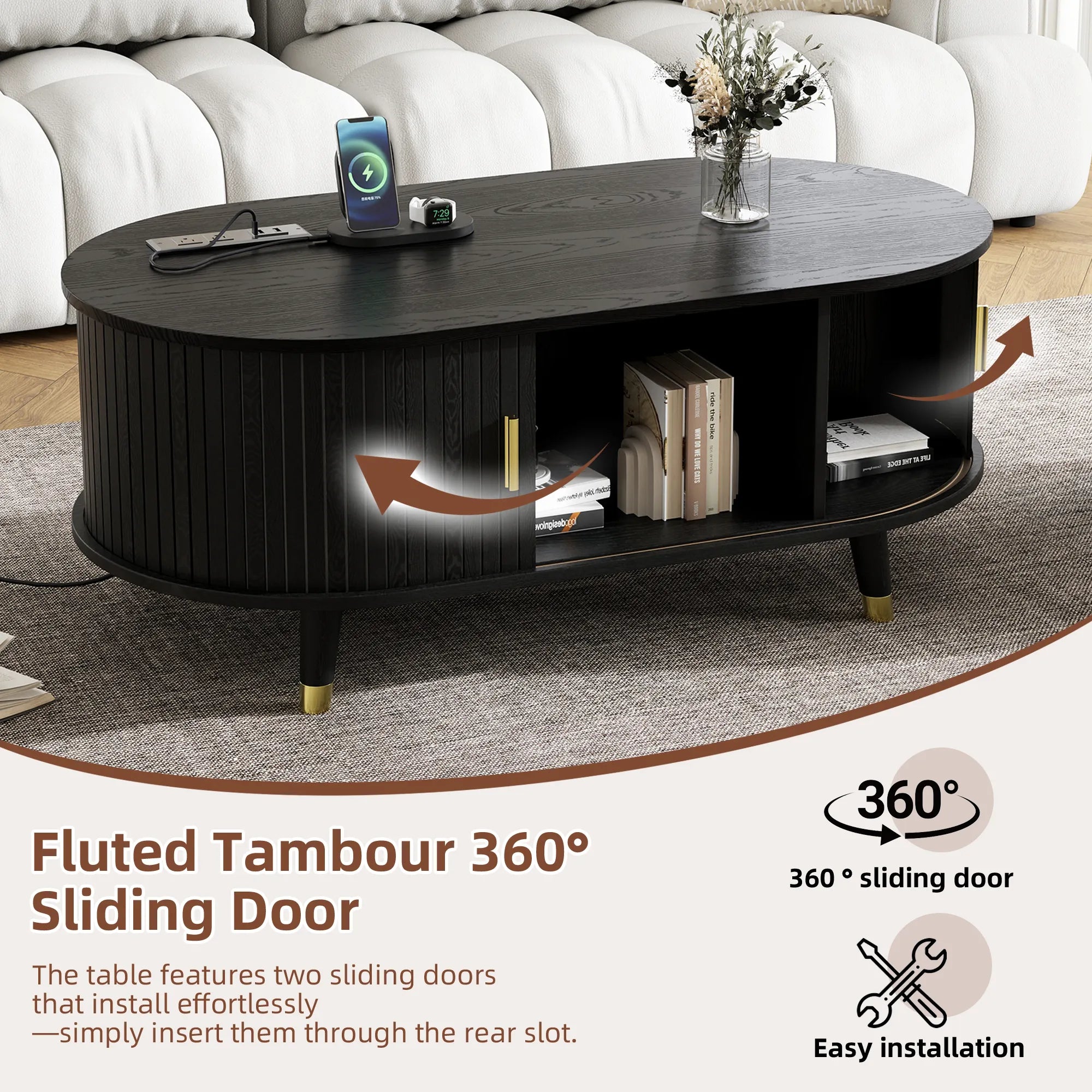 Wooden Oval Coffee Table with Tambour Door