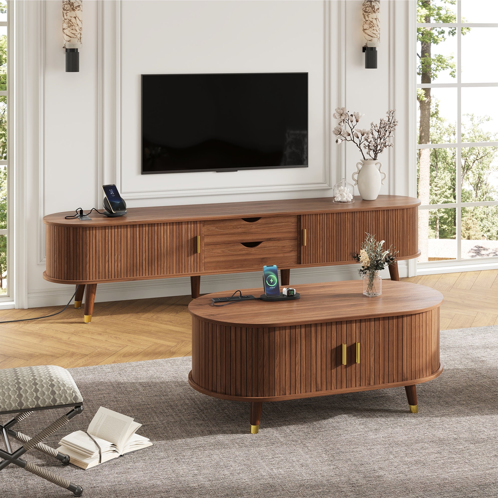 Wooden Oval Coffee Table with Tambour Door