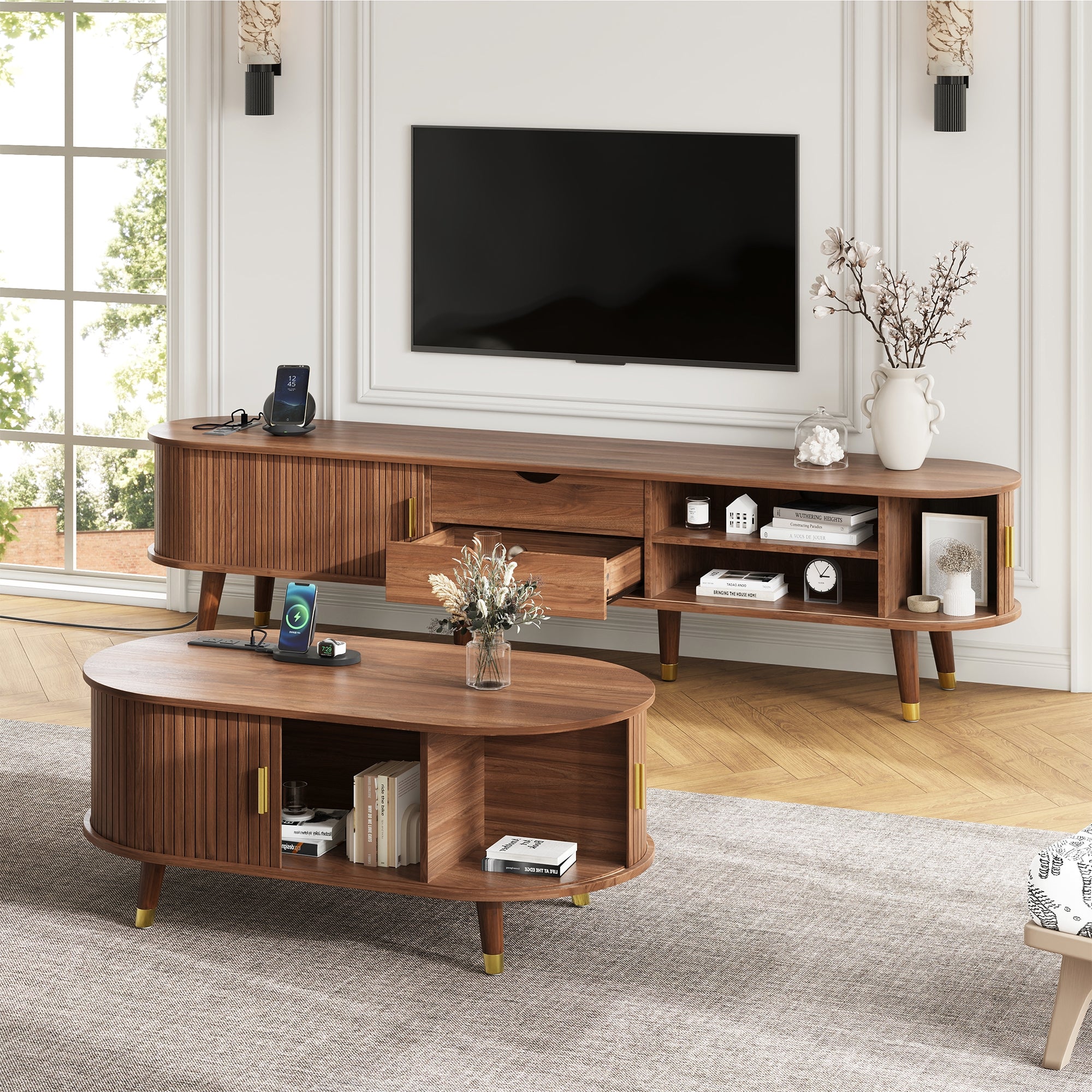 Wooden Oval Coffee Table with Tambour Door