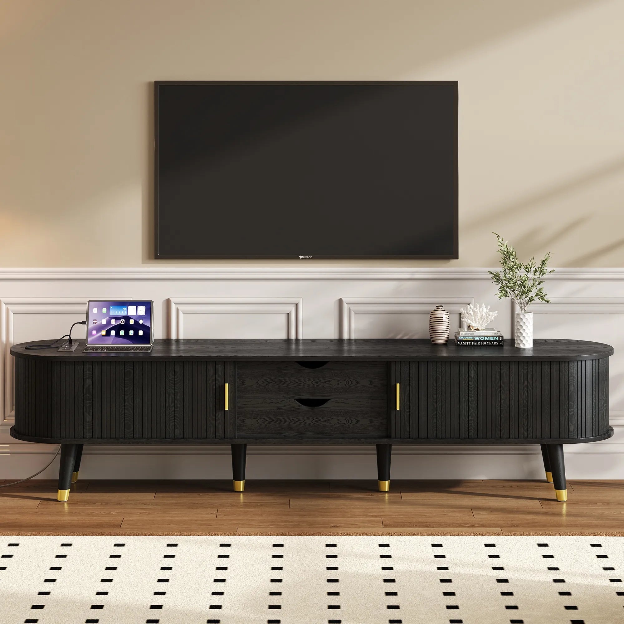 Wooden Oval TV Stand with Tambour Doors