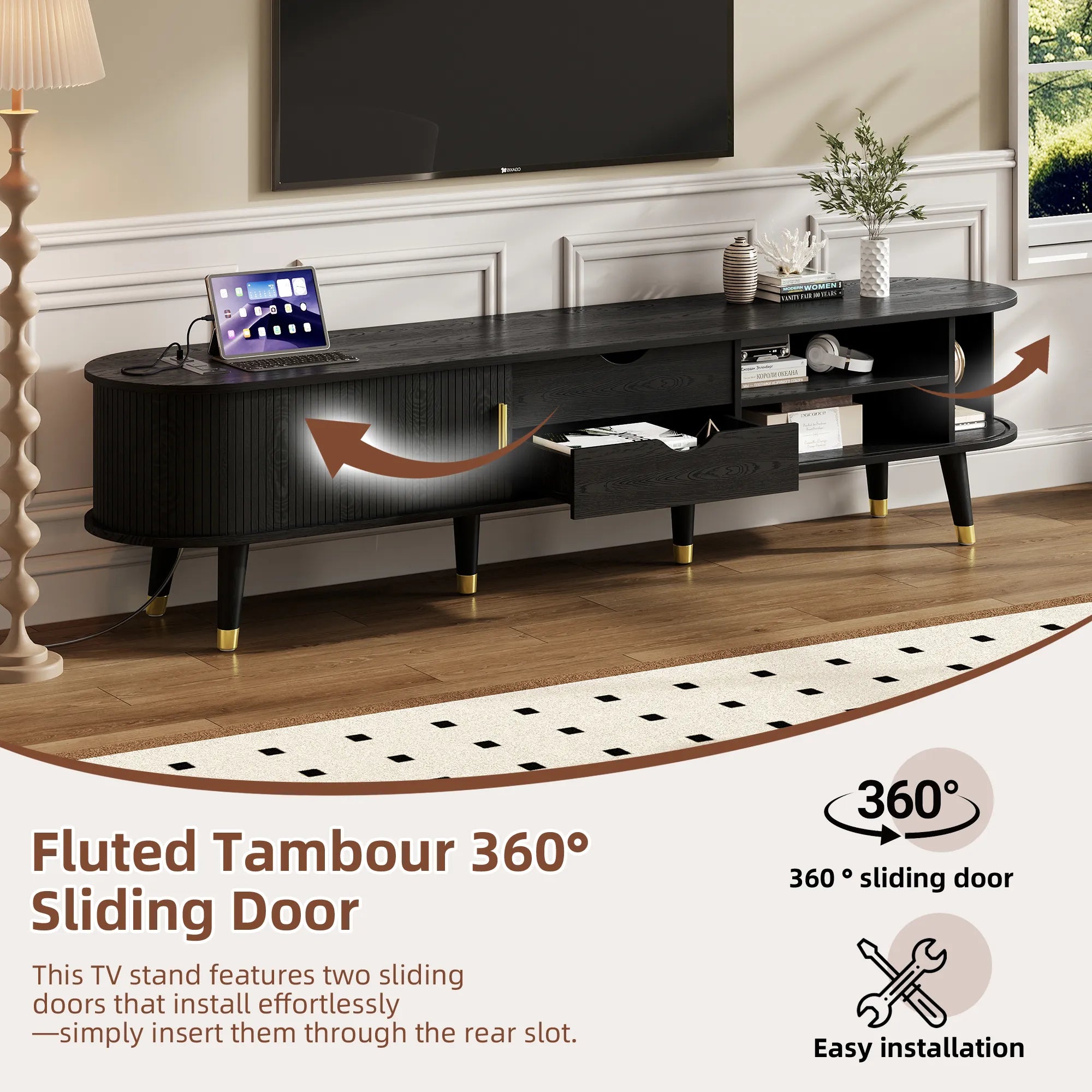 Wooden Oval TV Stand with Tambour Doors