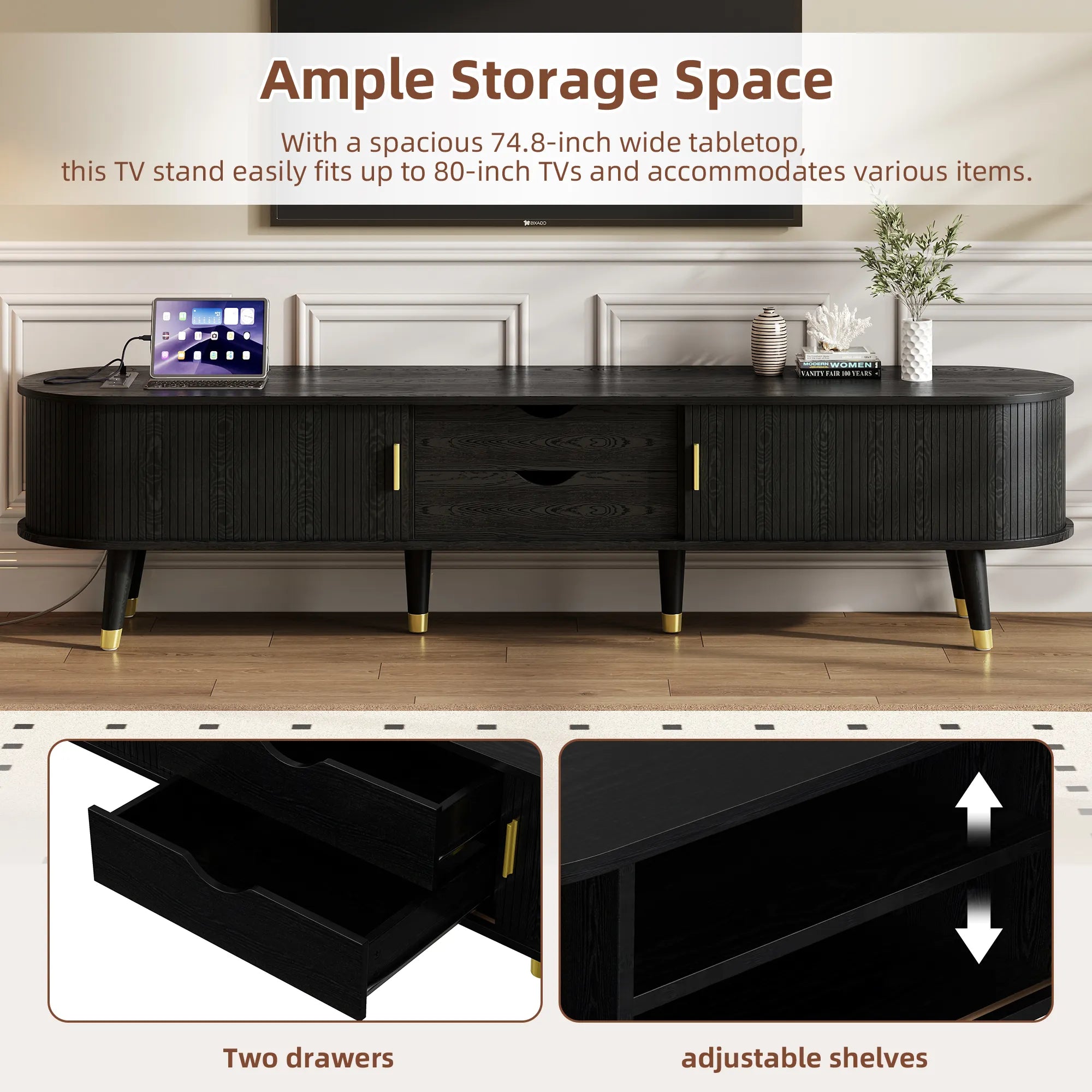 Wooden Oval TV Stand with Tambour Doors
