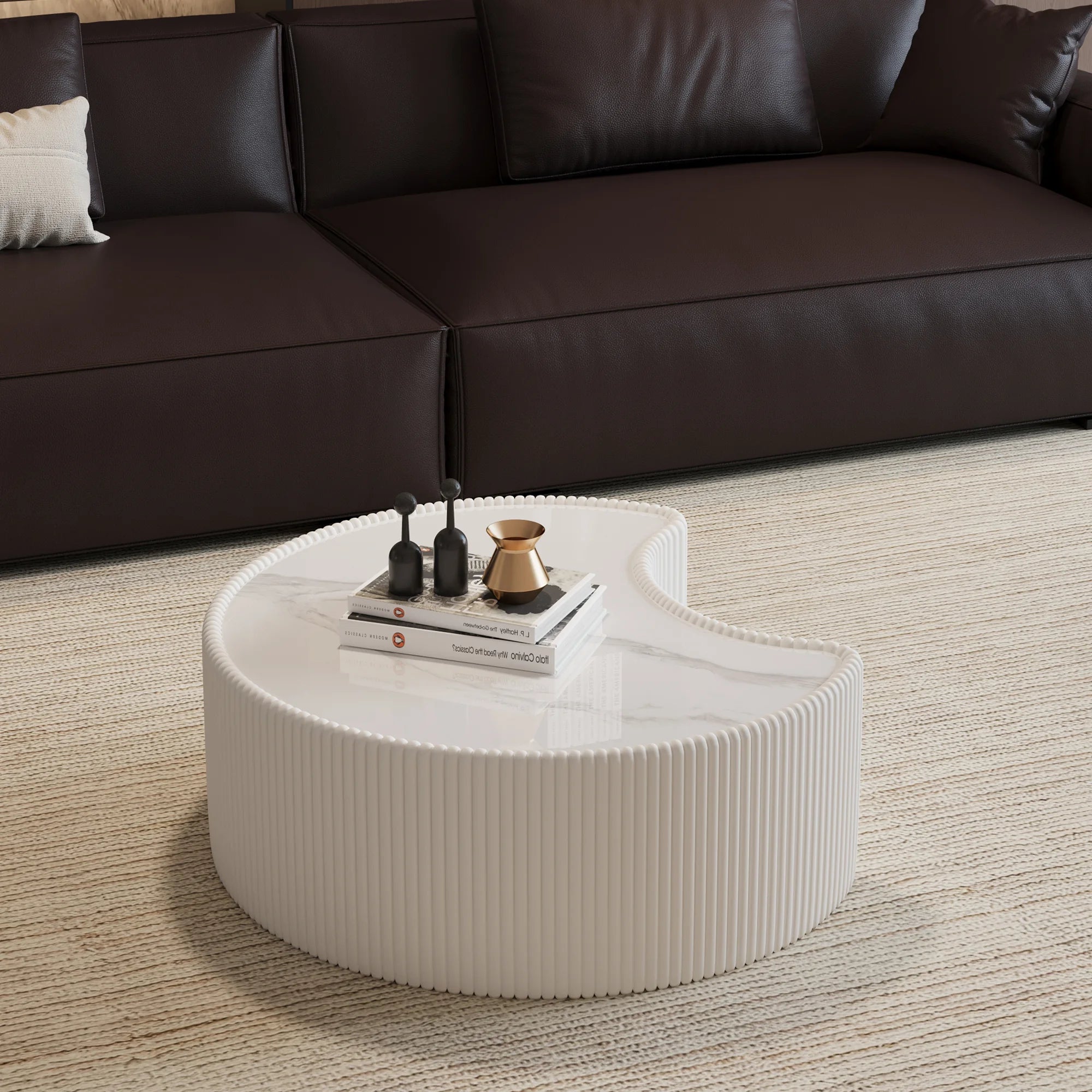 FanciConcept - 29.5- Coffee Table with Marble Pattern - White - 2- Sturdy Balanced Construction