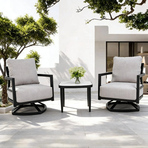 FanciConcept - 3-Piece Outdoor Swivel Chat Set with Sintered Stone Table - 1