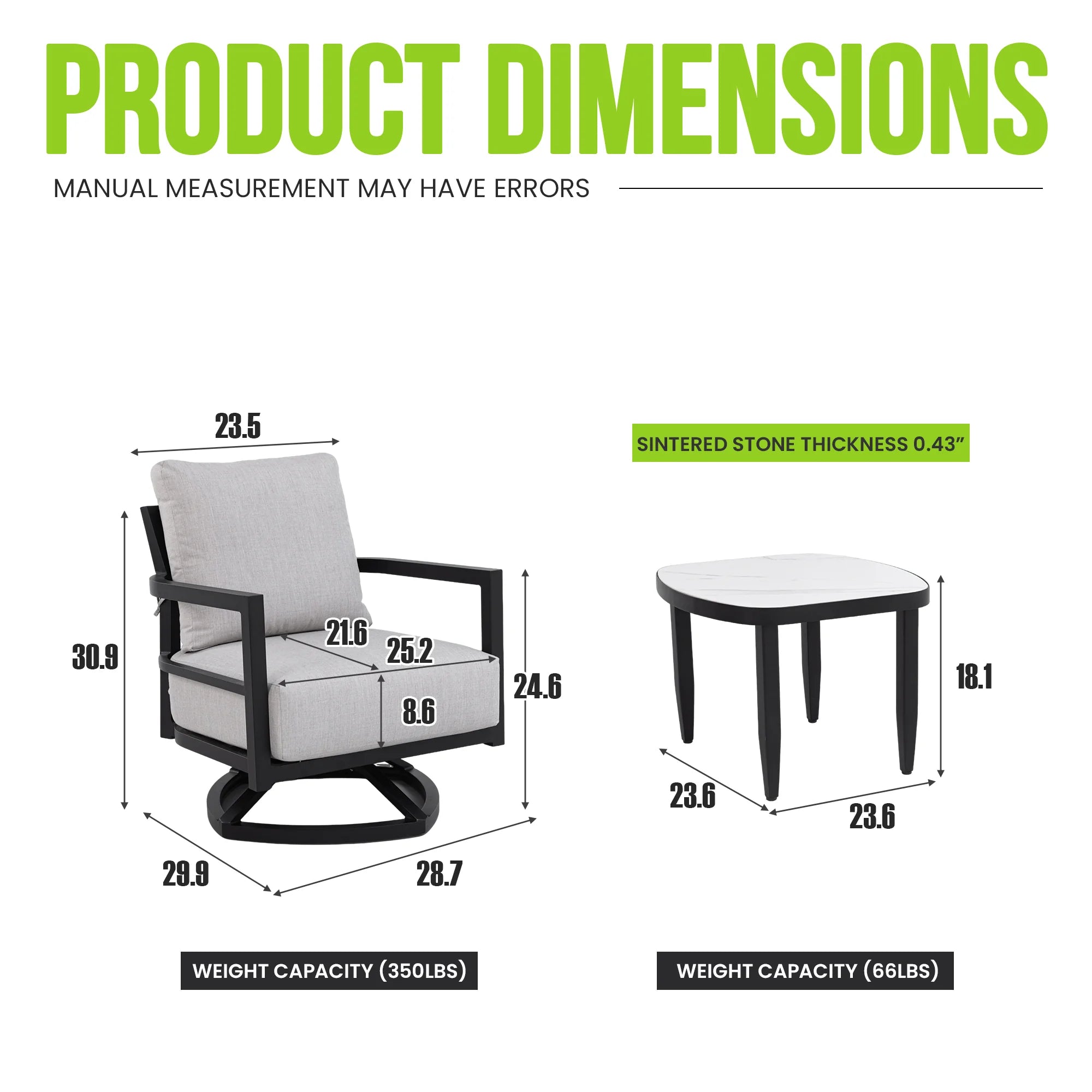 FanciConcept - 3-Piece Outdoor Swivel Chat Set with Sintered Stone Table - Dimension