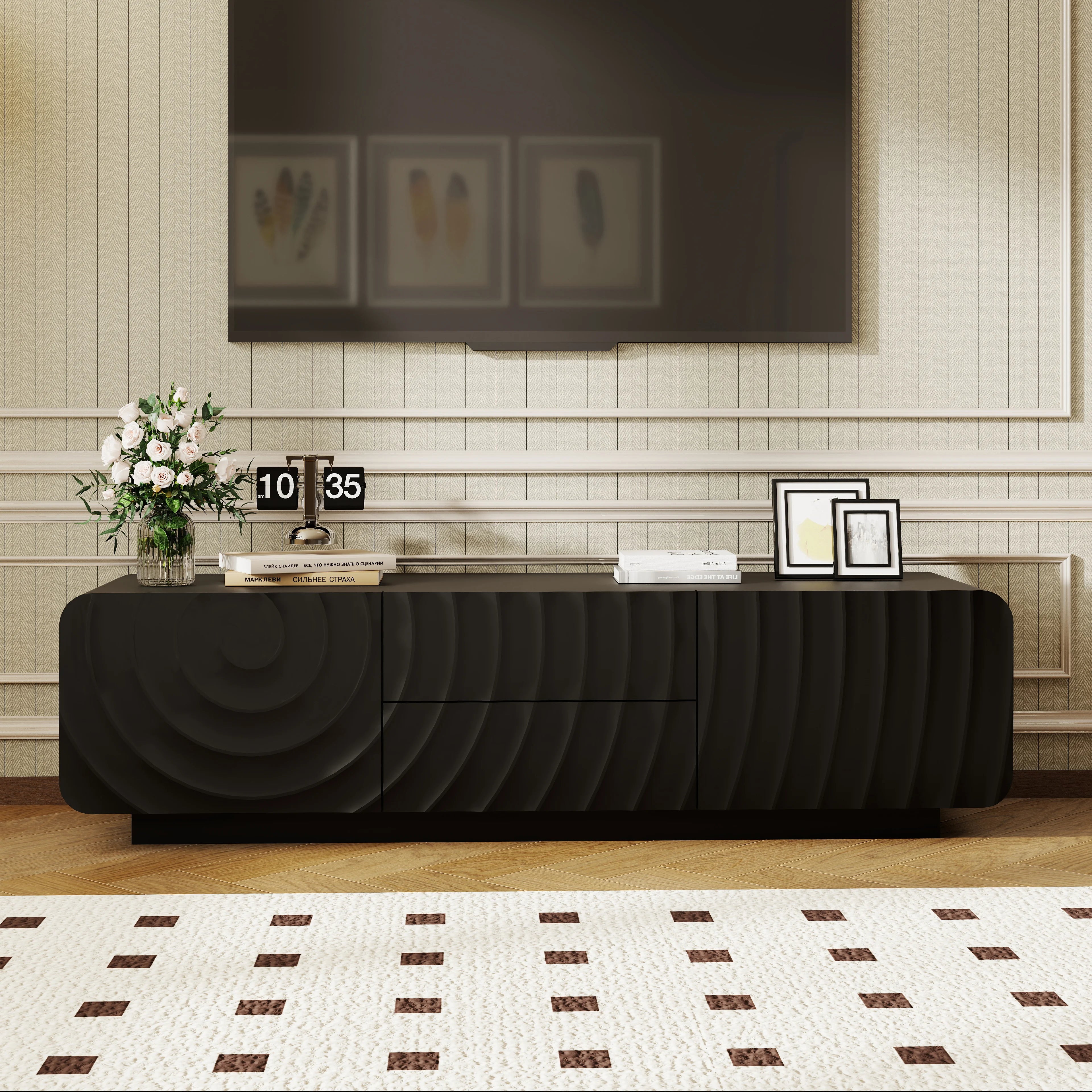FanciConcept - 58- TV Stand with Unique Spiral Wave Design and Storage - Black - 1