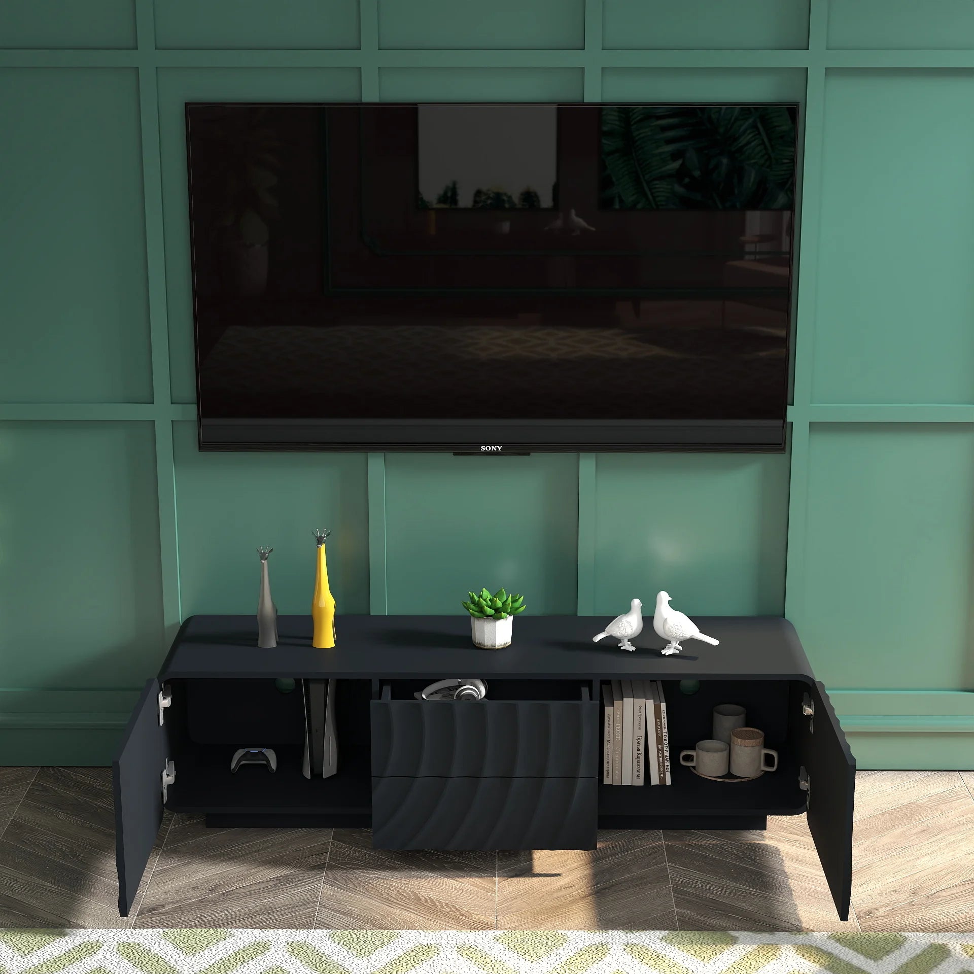 FanciConcept - 58- TV Stand with Unique Spiral Wave Design and Storage - Black - 11