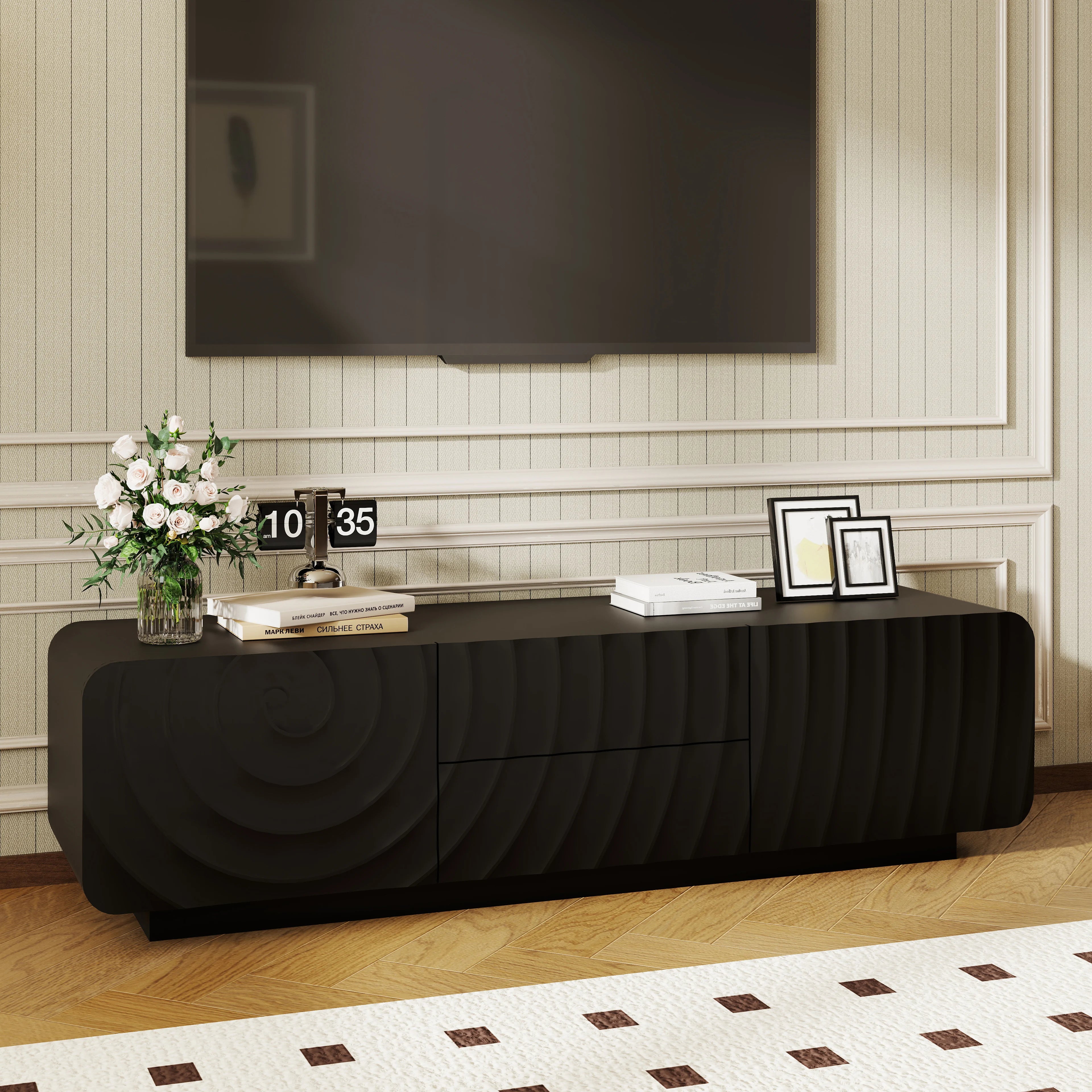 FanciConcept - 58- TV Stand with Unique Spiral Wave Design and Storage - Black - 2