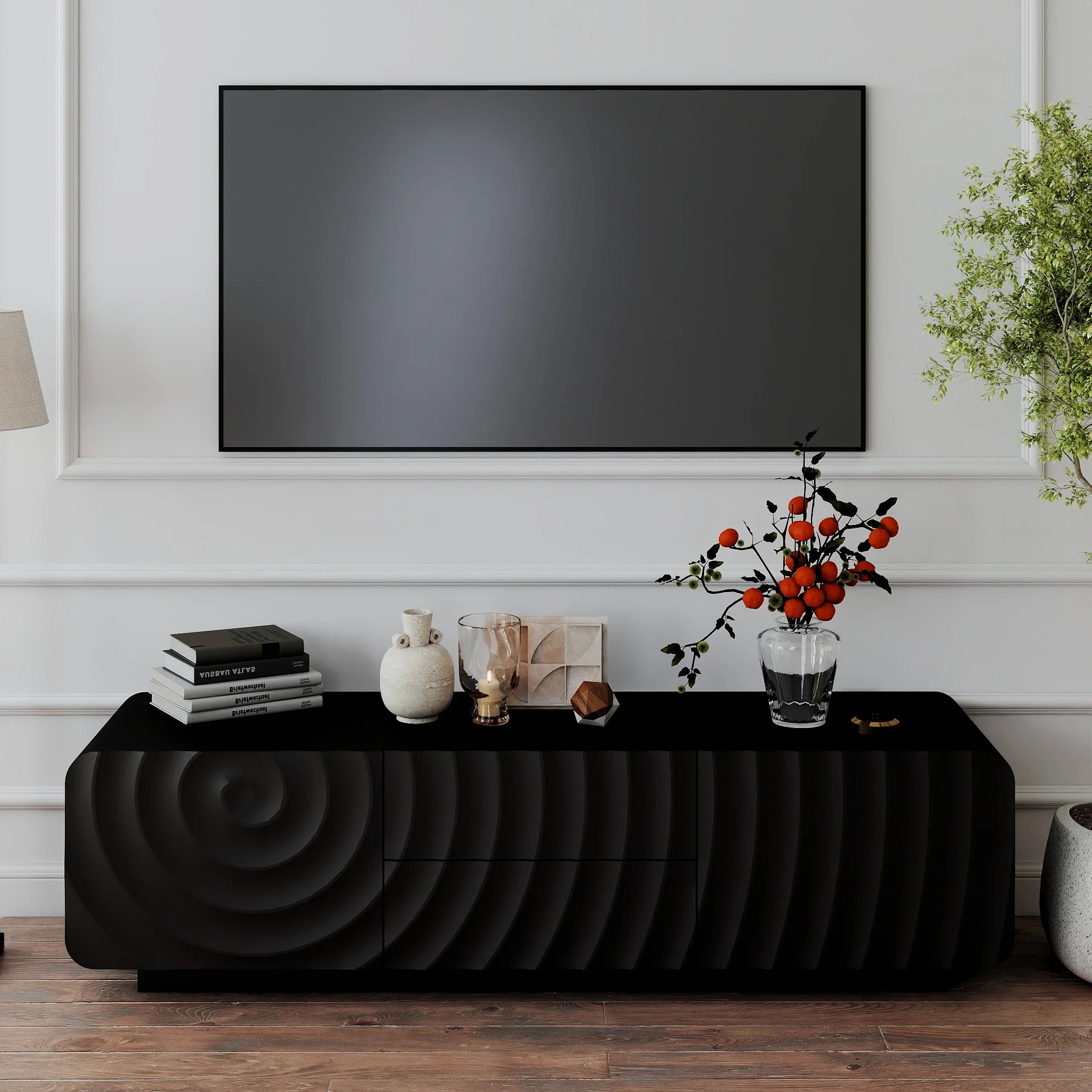 FanciConcept - 58- TV Stand with Unique Spiral Wave Design and Storage - Black - 4
