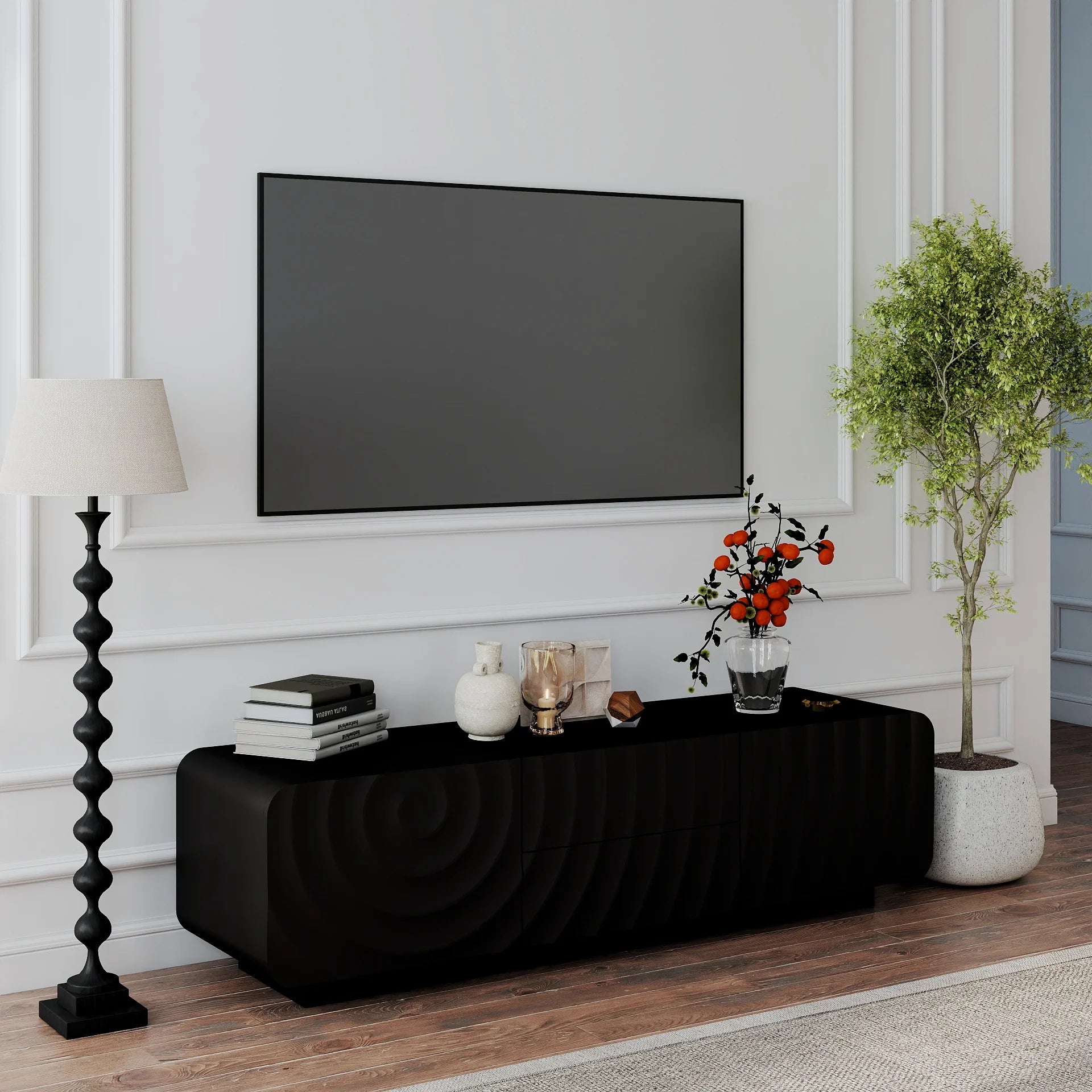 FanciConcept - 58- TV Stand with Unique Spiral Wave Design and Storage - Black - 5