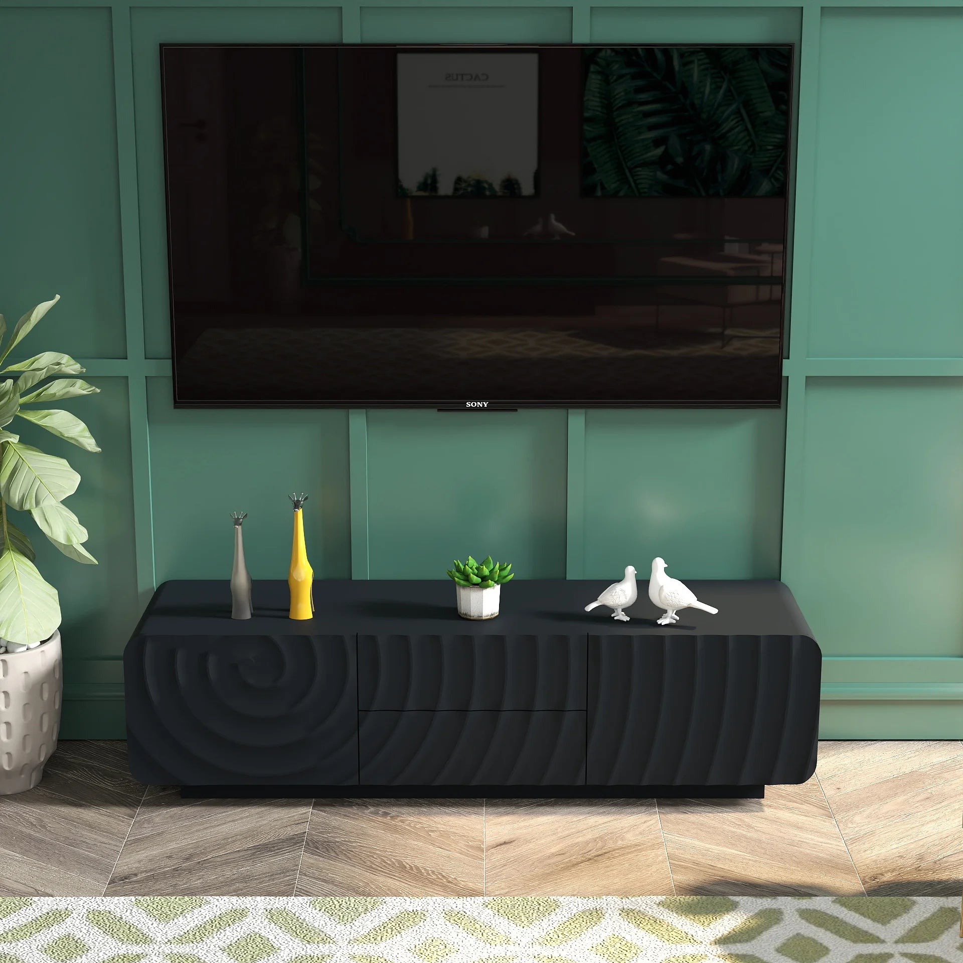 FanciConcept - 58- TV Stand with Unique Spiral Wave Design and Storage - Black - 6
