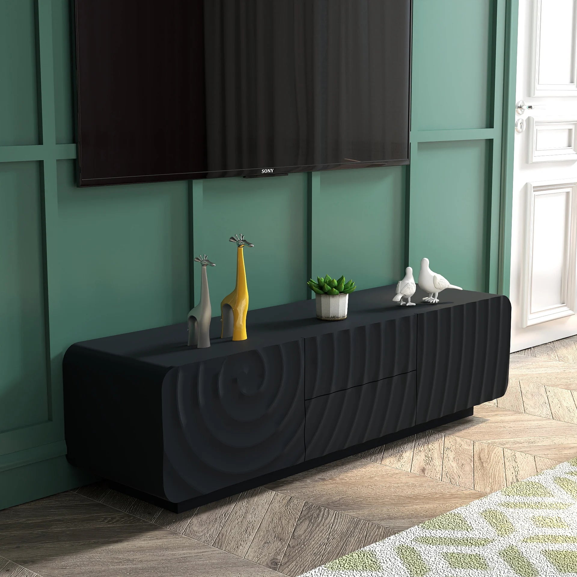 FanciConcept - 58- TV Stand with Unique Spiral Wave Design and Storage - Black - 7
