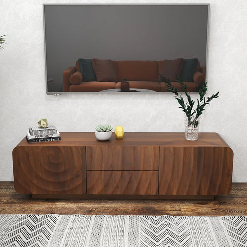 FanciConcept - 58- TV Stand with Unique Spiral Wave Design and Storage - Walnut - 1- Modern Floating Illusion