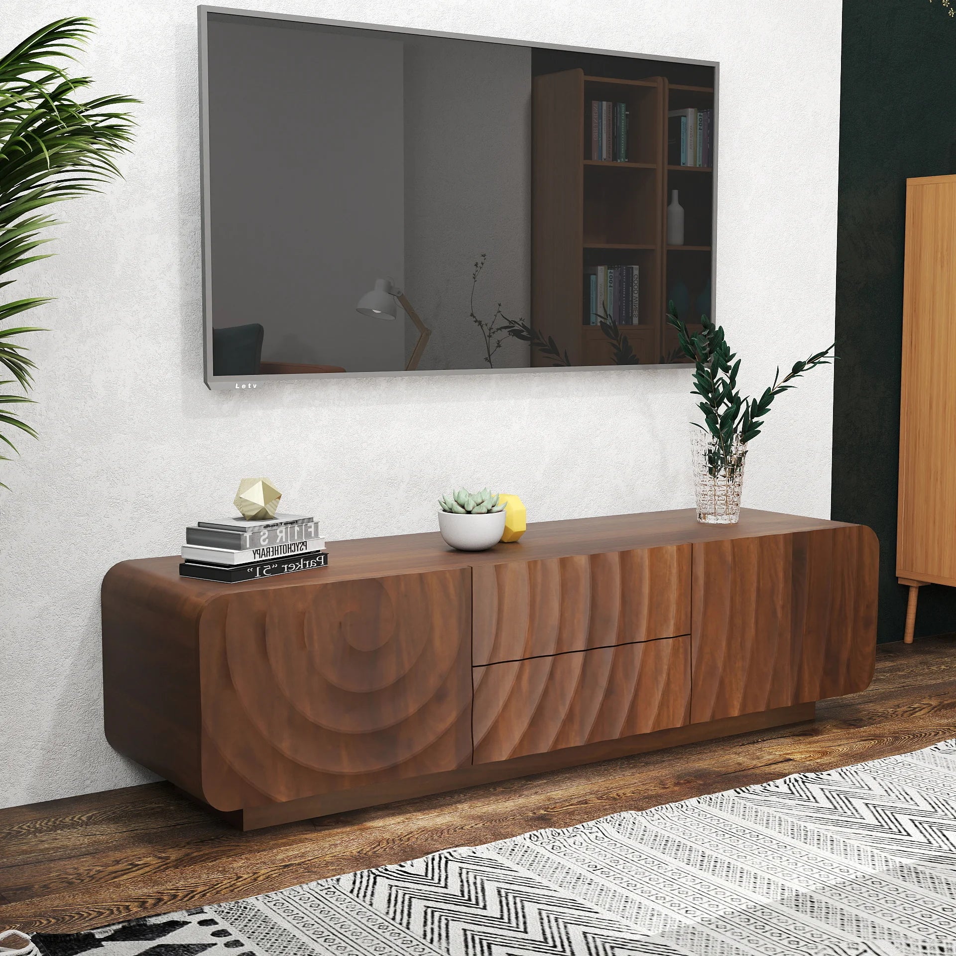 FanciConcept - 58- TV Stand with Unique Spiral Wave Design and Storage - Walnut - 2- Captivating Spiral Wave Design