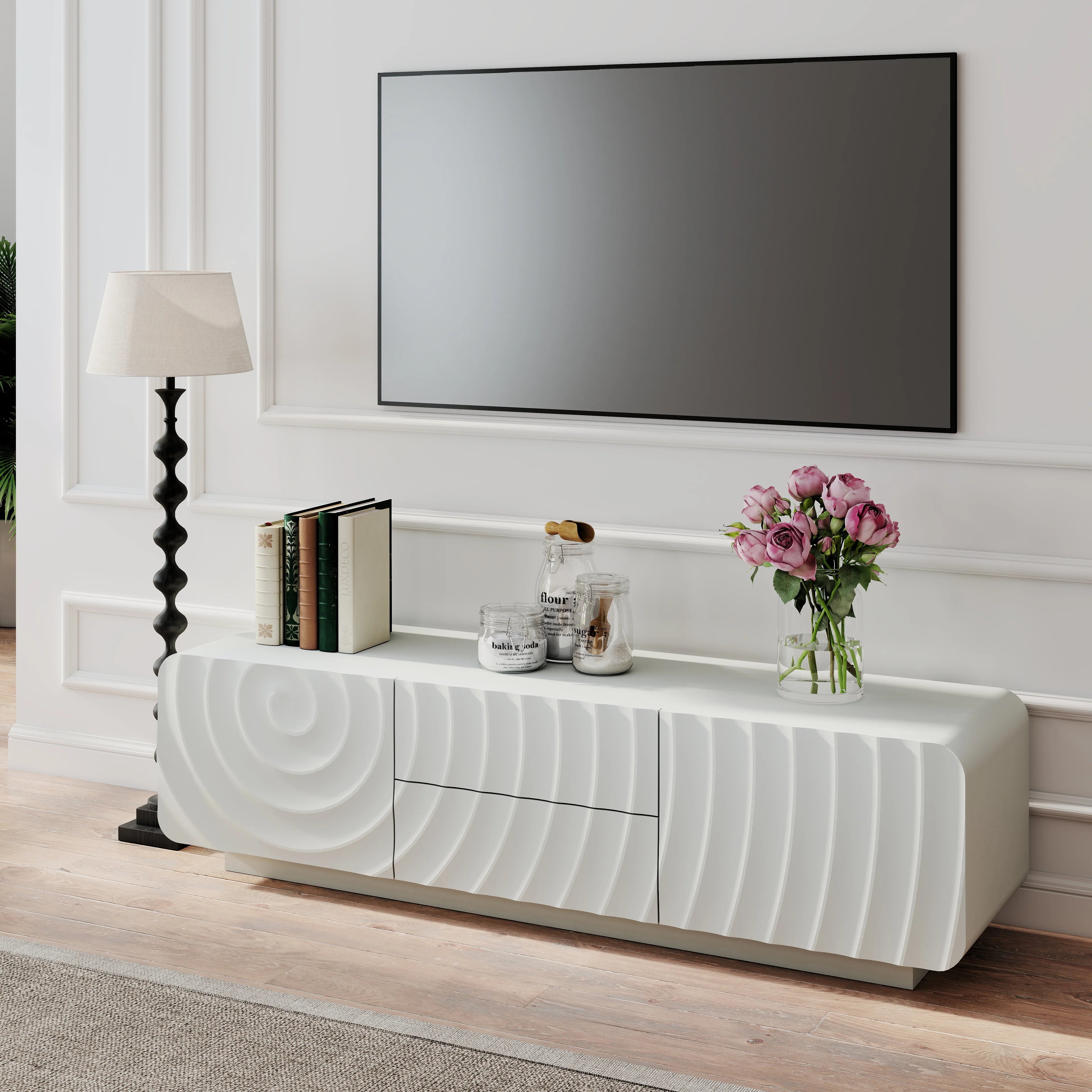 FanciConcept - 58- TV Stand with Unique Spiral Wave Design and Storage - White - 2
