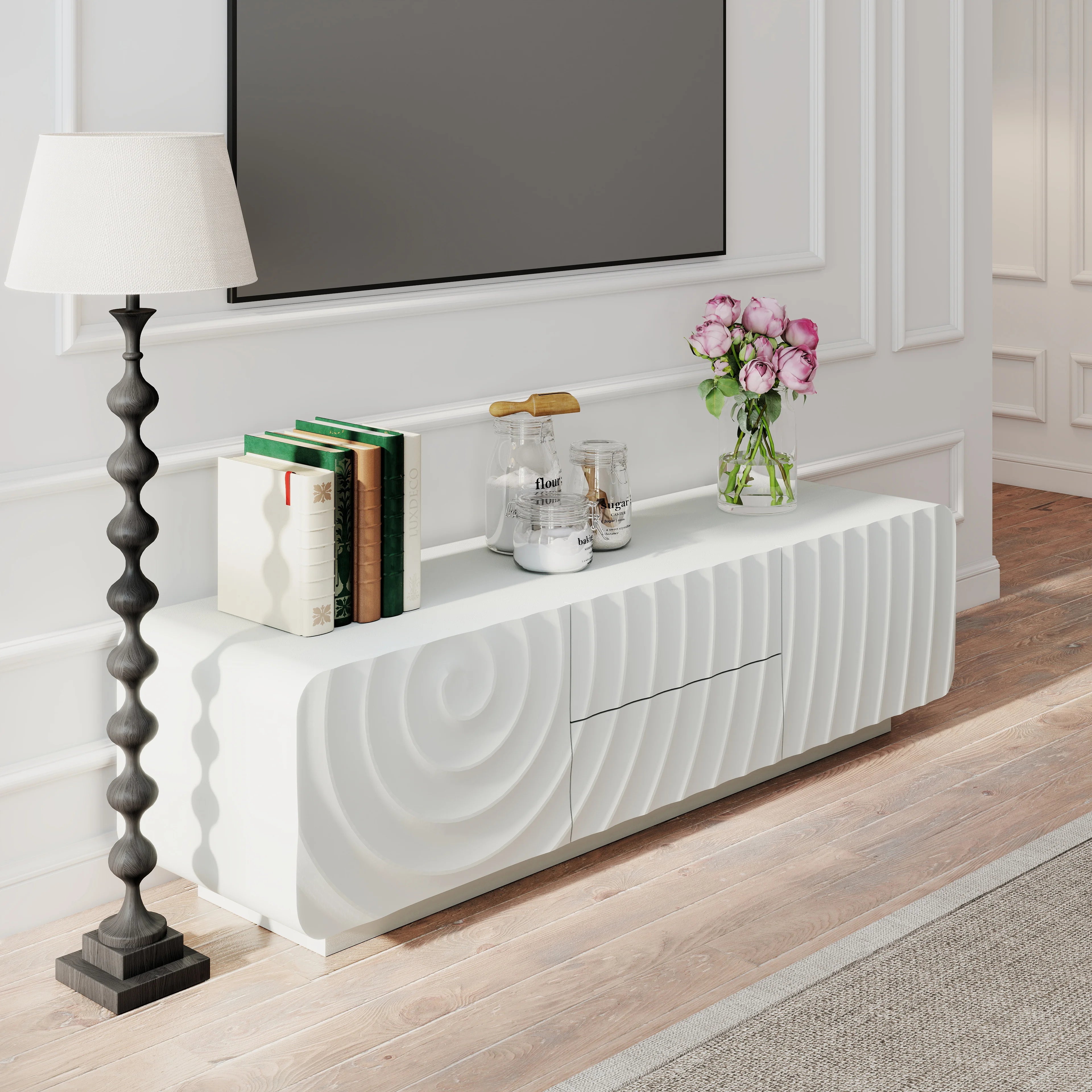 FanciConcept - 58- TV Stand with Unique Spiral Wave Design and Storage - White - 3